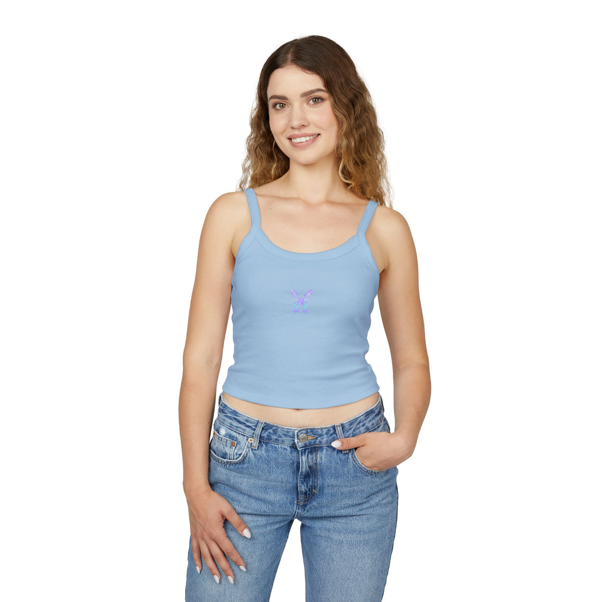 Butterfly Watercolor Crop Tank Top — Lavender Blue Feminine Spaghetti Strap