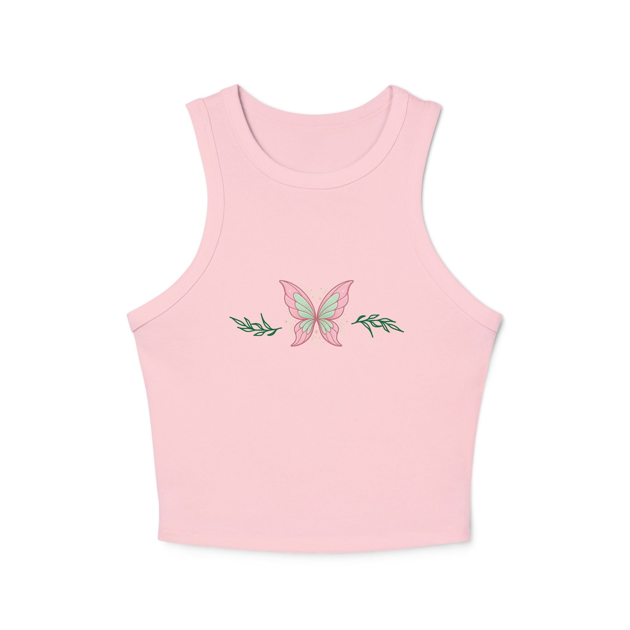 Butterfly Floral Racer Tank Top — Pink Butterfly Chest Graphic