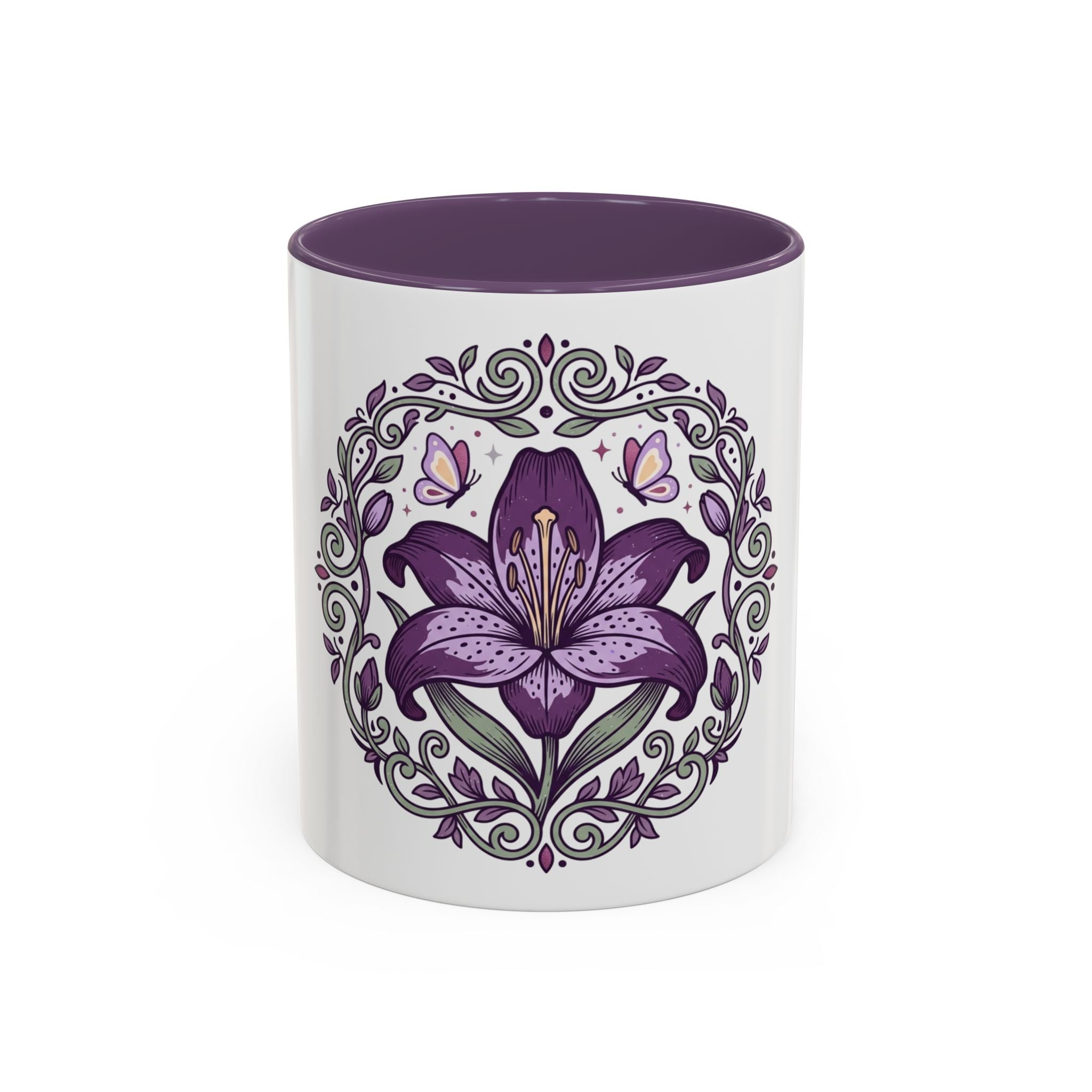 Purple Lily Accent Coffee Mug — Floral Boho Tea & Coffee Cup (11/15oz)