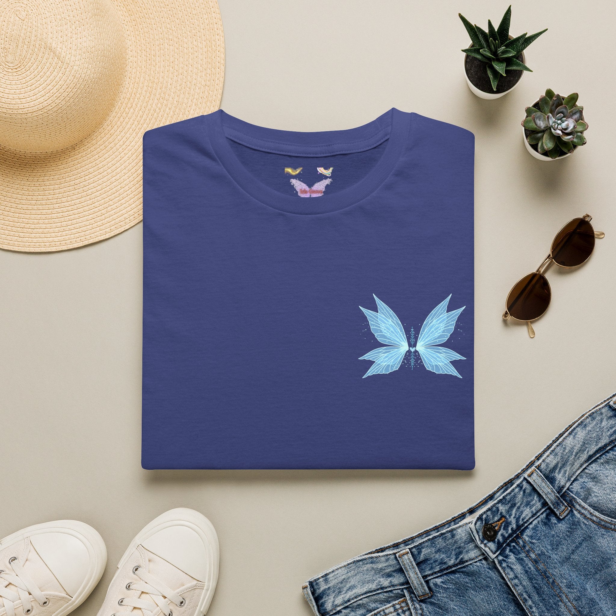 Blue Watercolor Butterfly Tee — Minimal Chest Graphic T-Shirt