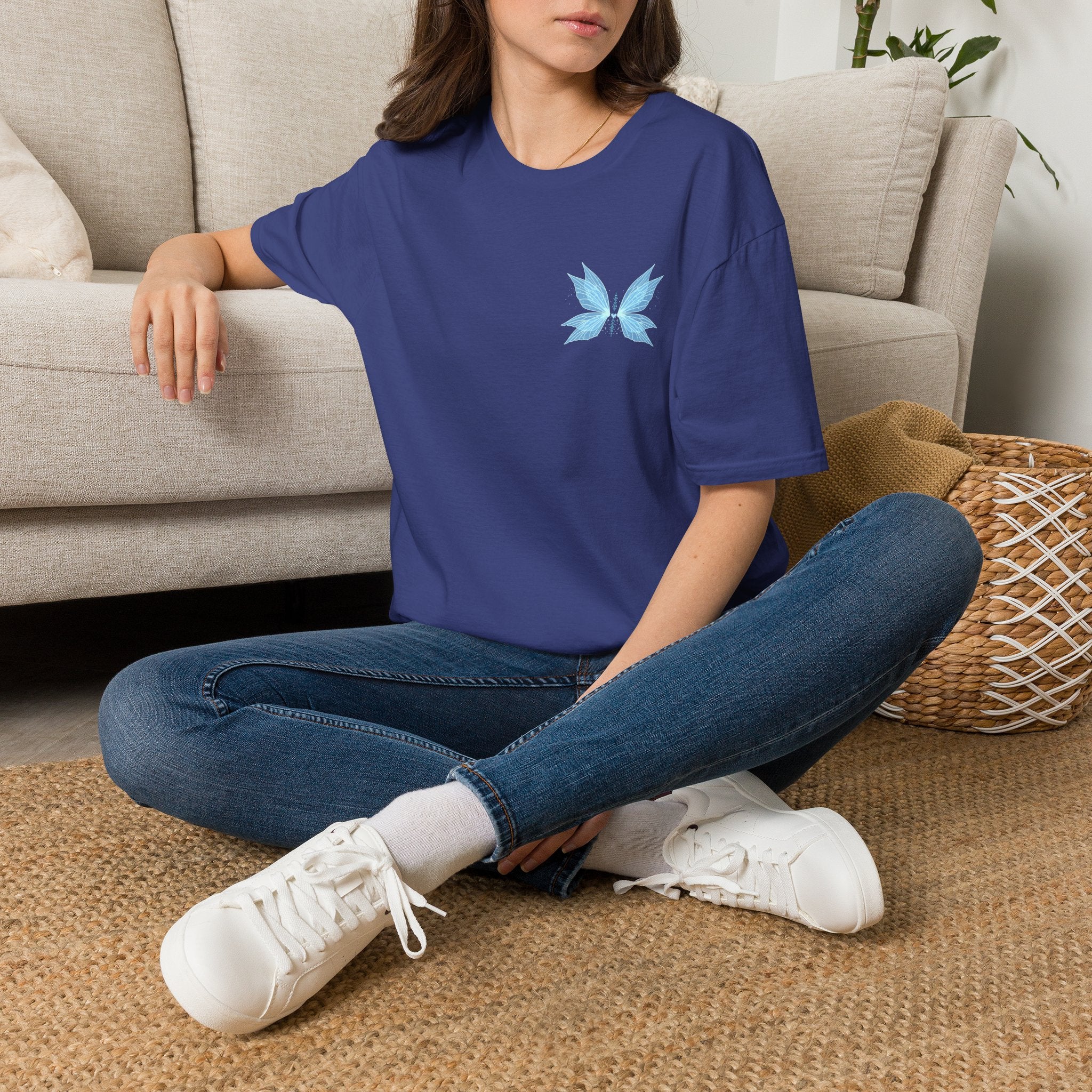 Blue Watercolor Butterfly Tee — Minimal Chest Graphic T-Shirt