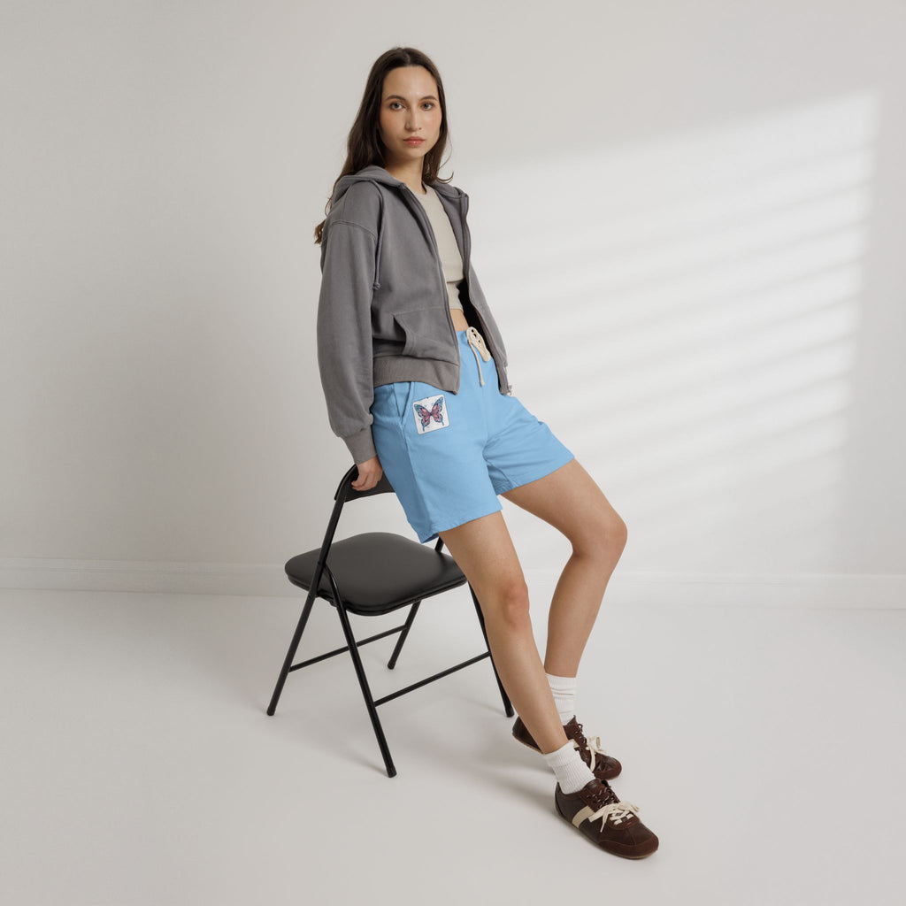 Butterfly Patch Fleece Sweat Shorts – Lightweight Garment-Dyed Lounge Shorts