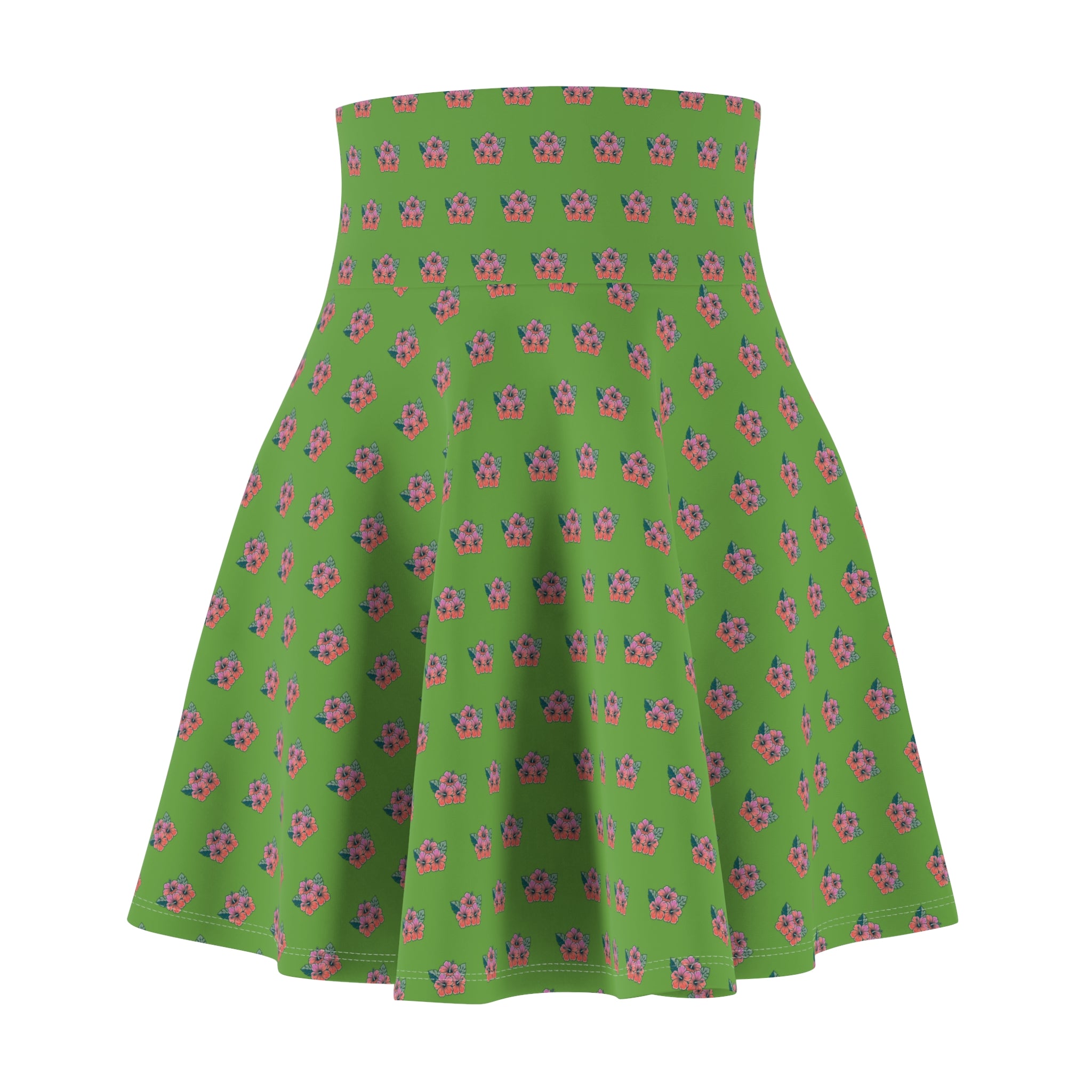 Green Floral Skater Skirt — Pink Daisy Print High-Waist A-Line