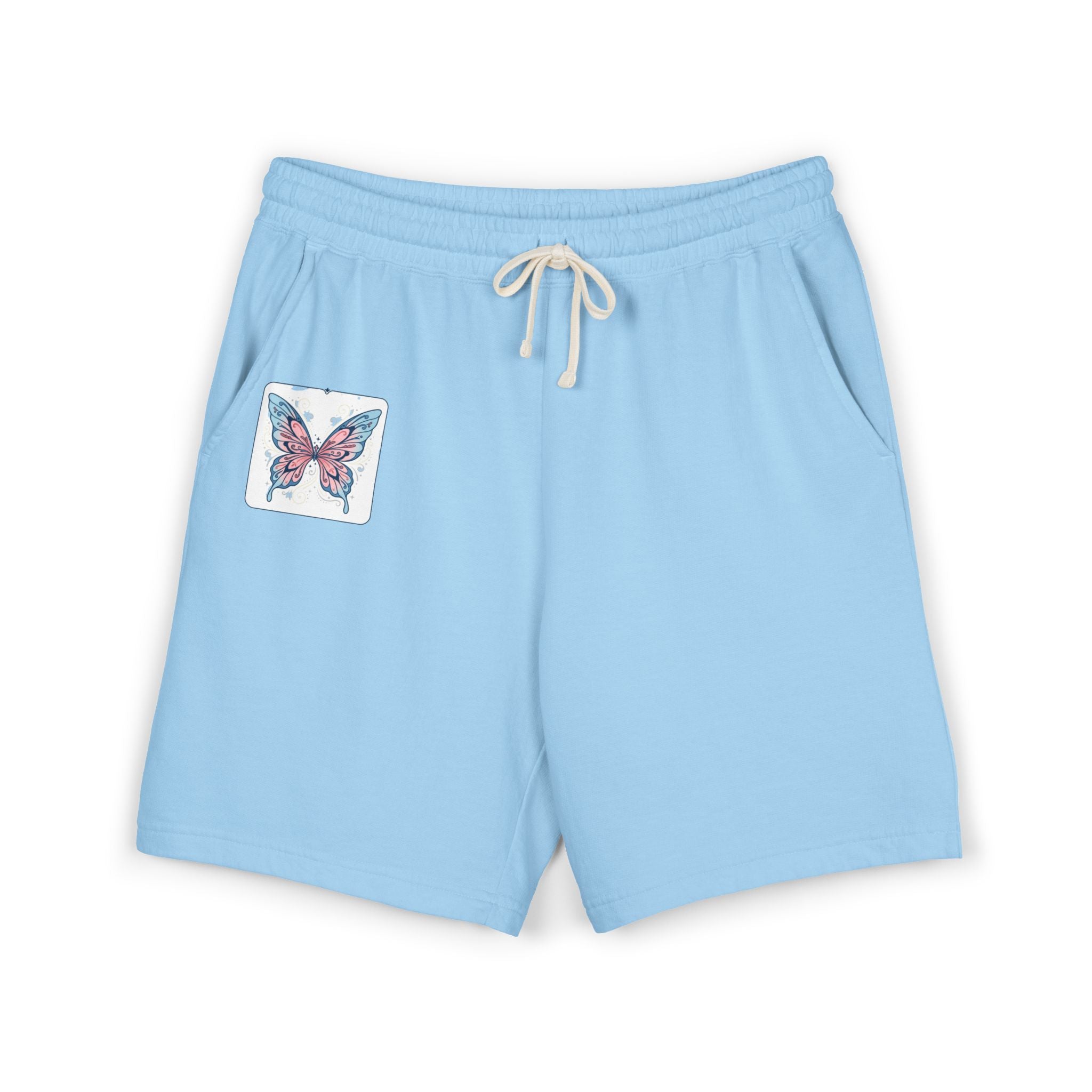 Butterfly Patch Fleece Sweat Shorts – Lightweight Garment-Dyed Lounge Shorts