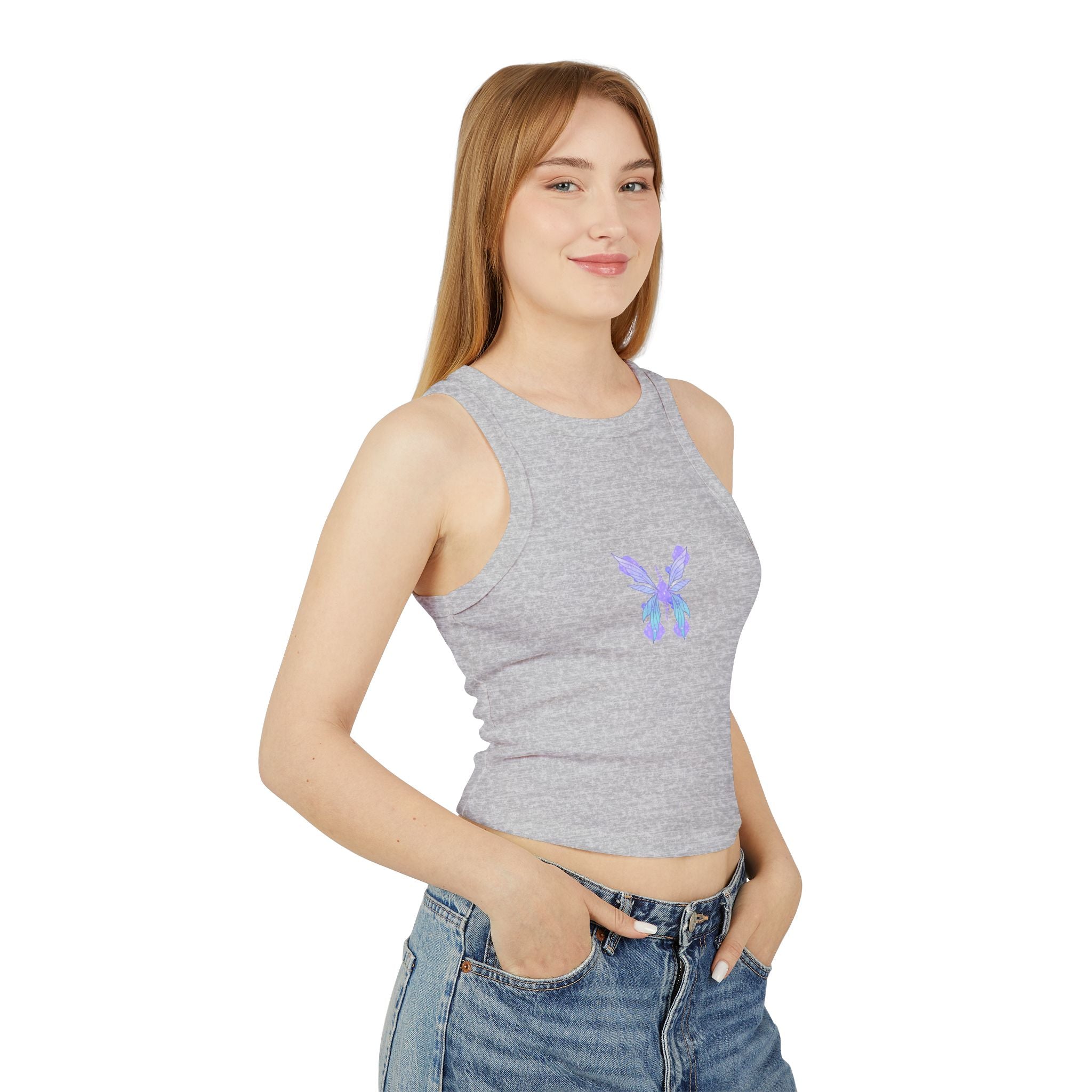 Butterfly Iris Racer Tank — Women's Micro Rib Cropped Tank Top