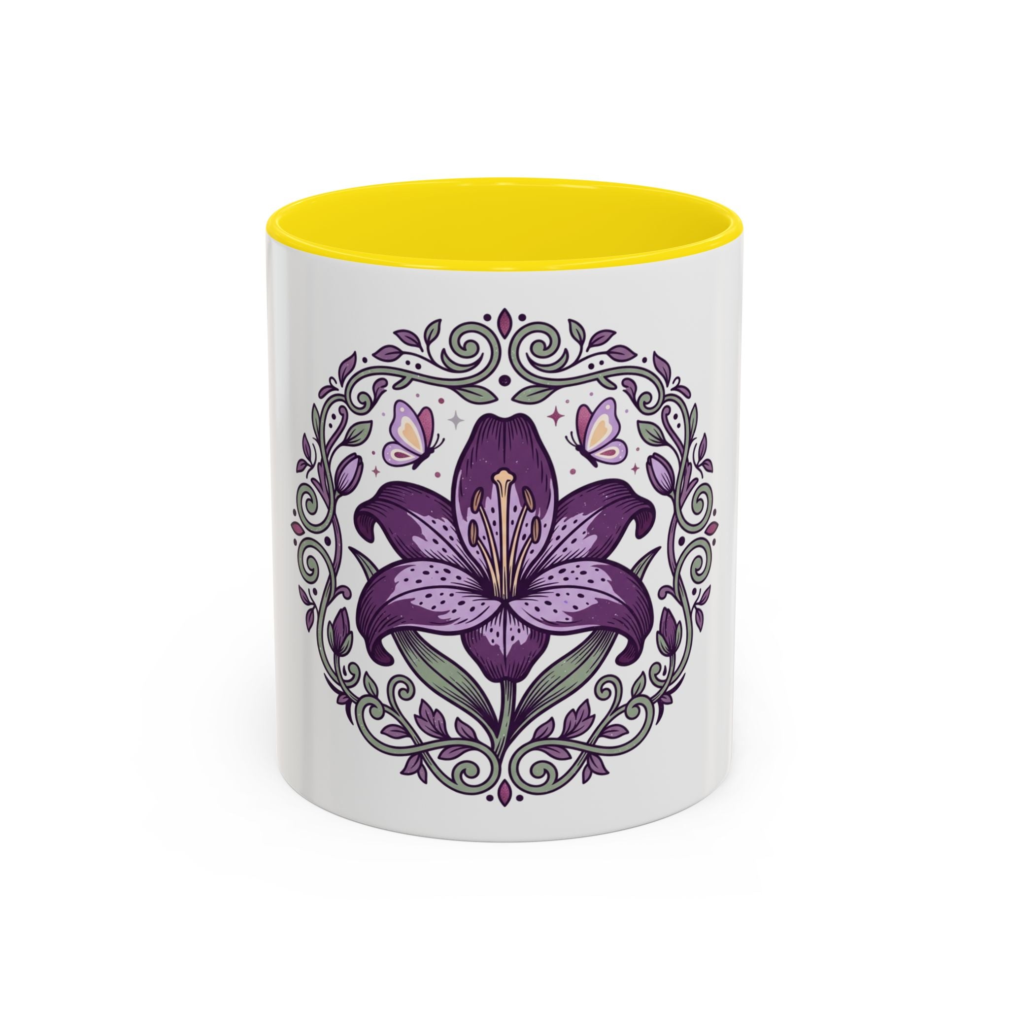 Purple Lily Accent Coffee Mug — Floral Boho Tea & Coffee Cup (11/15oz)