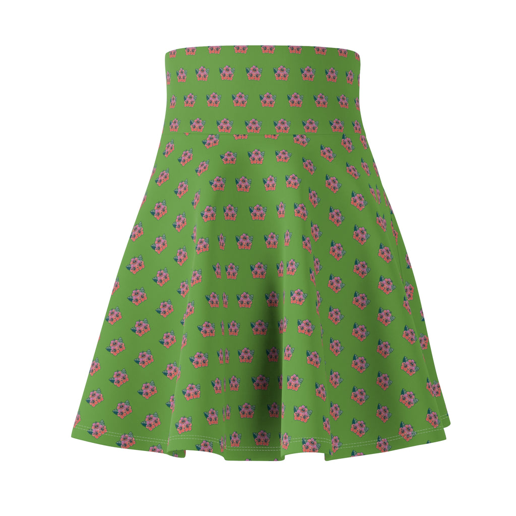 Green Floral Skater Skirt — Pink Daisy Print High-Waist A-Line