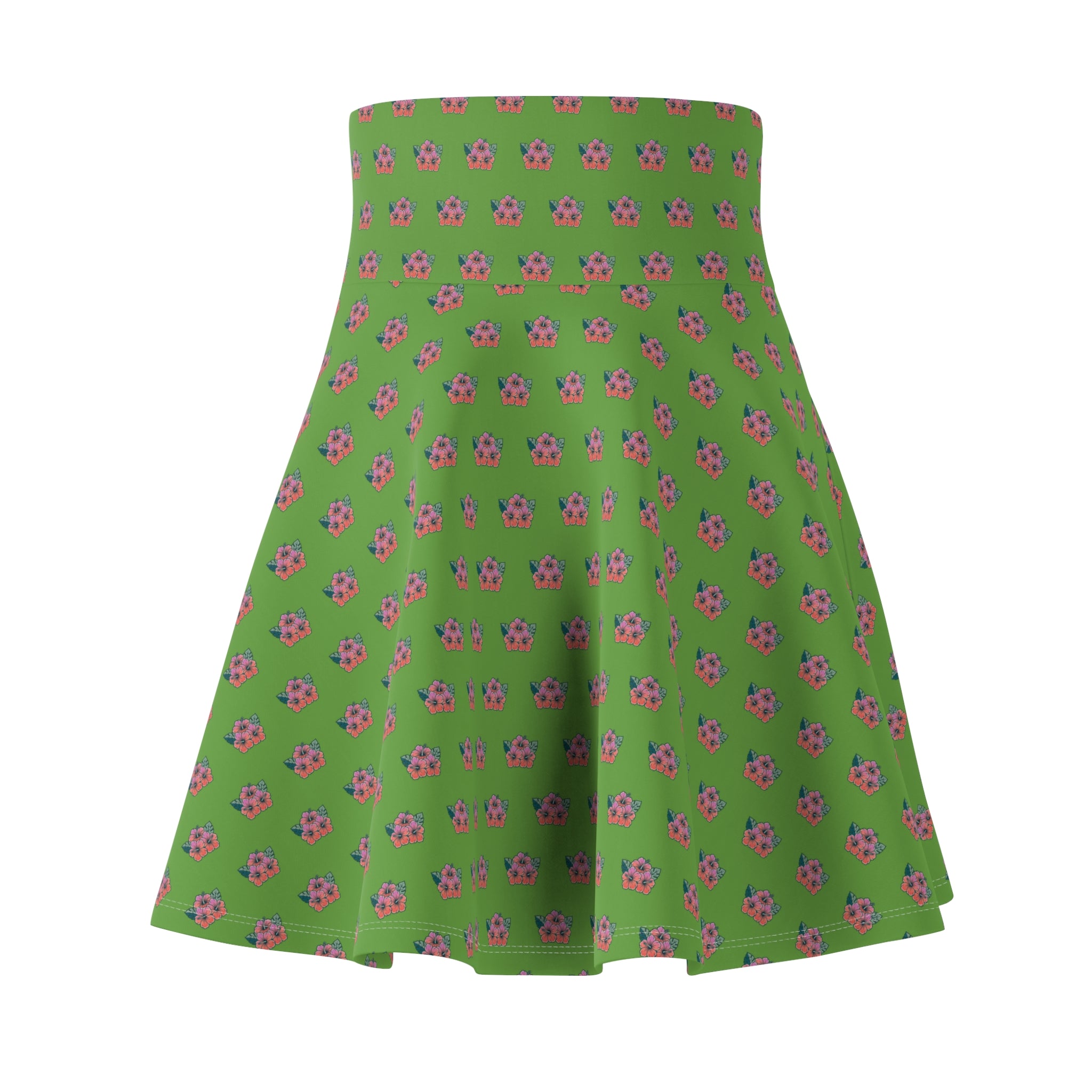 Green Floral Skater Skirt — Pink Daisy Print High-Waist A-Line