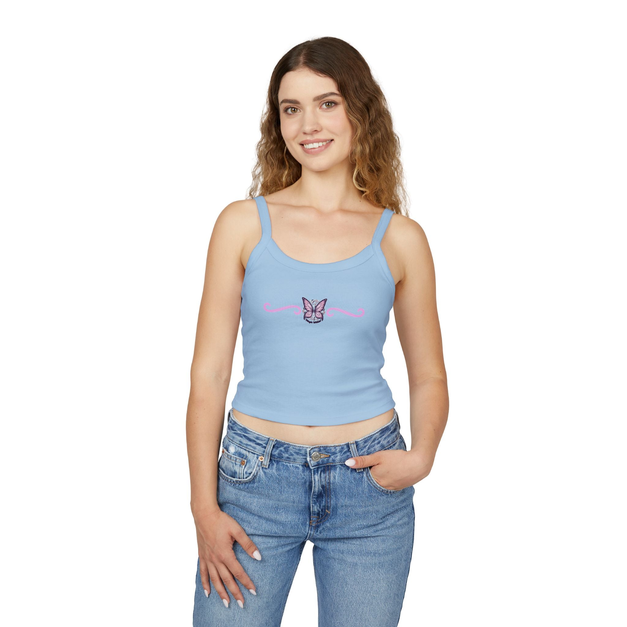 Butterfly Trim Tank Top - Cute Pink Floral Center Graphic