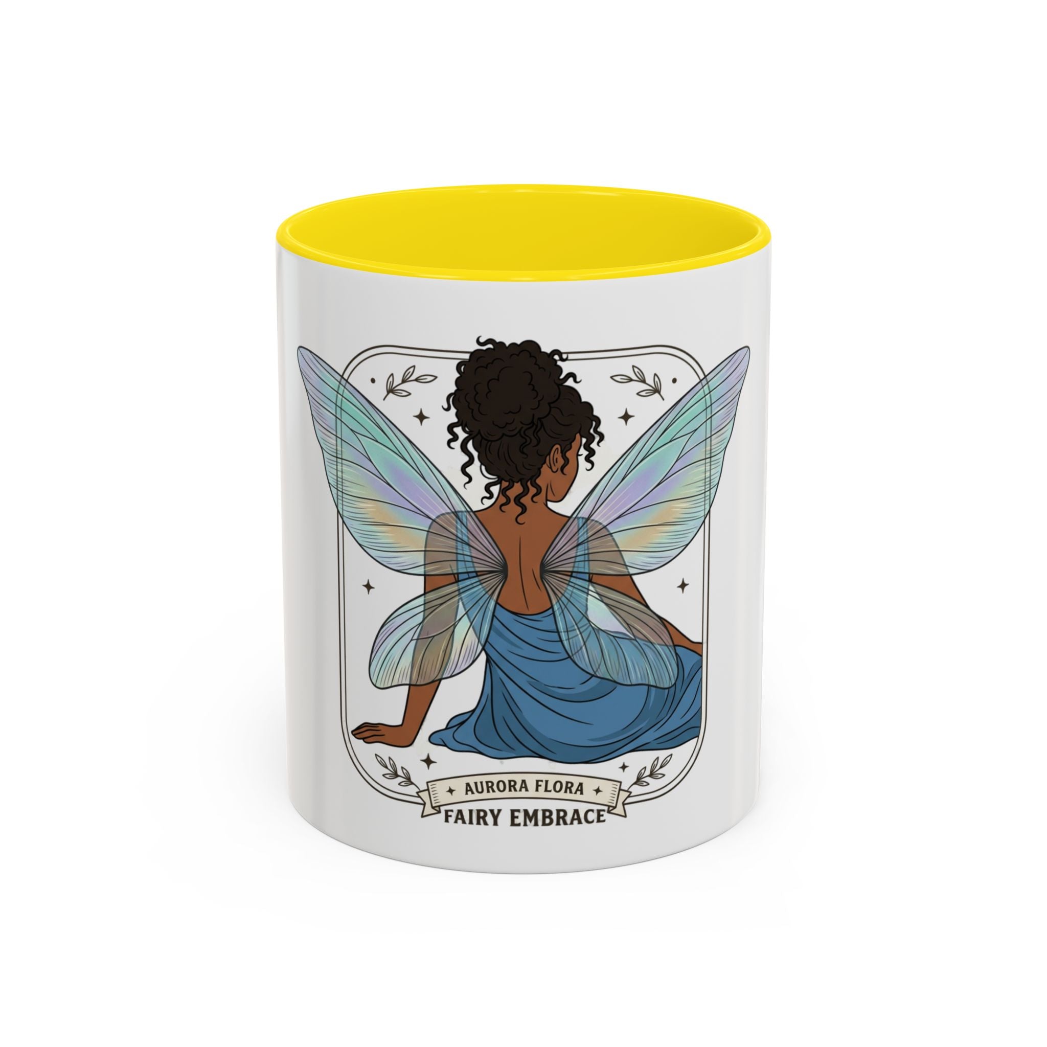 Fairy Embrace Accent Coffee Mug — Aurora Flora Black-Handled 11/15oz