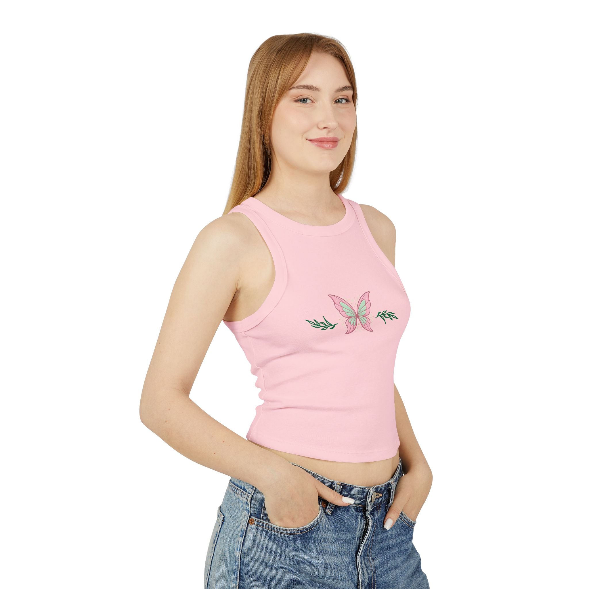 Butterfly Floral Racer Tank Top — Pink Butterfly Chest Graphic