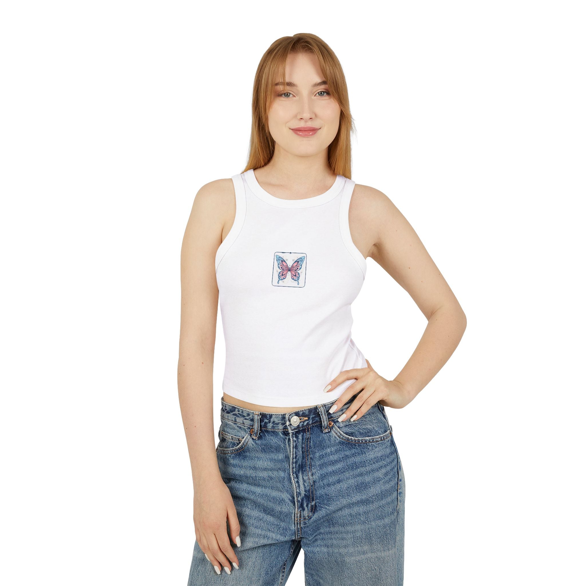 Butterfly Mini Patch Racer Tank — Women's Micro Rib Crop Top
