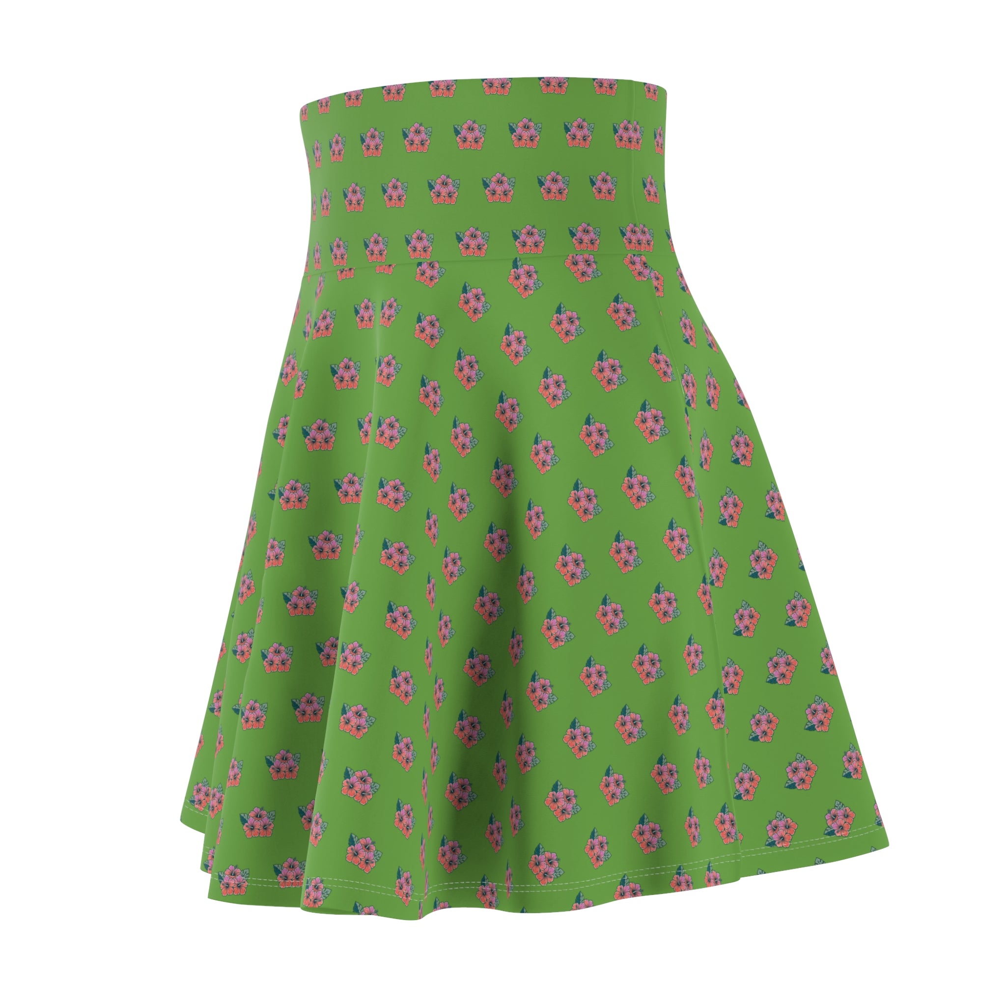 Green Floral Skater Skirt — Pink Daisy Print High-Waist A-Line