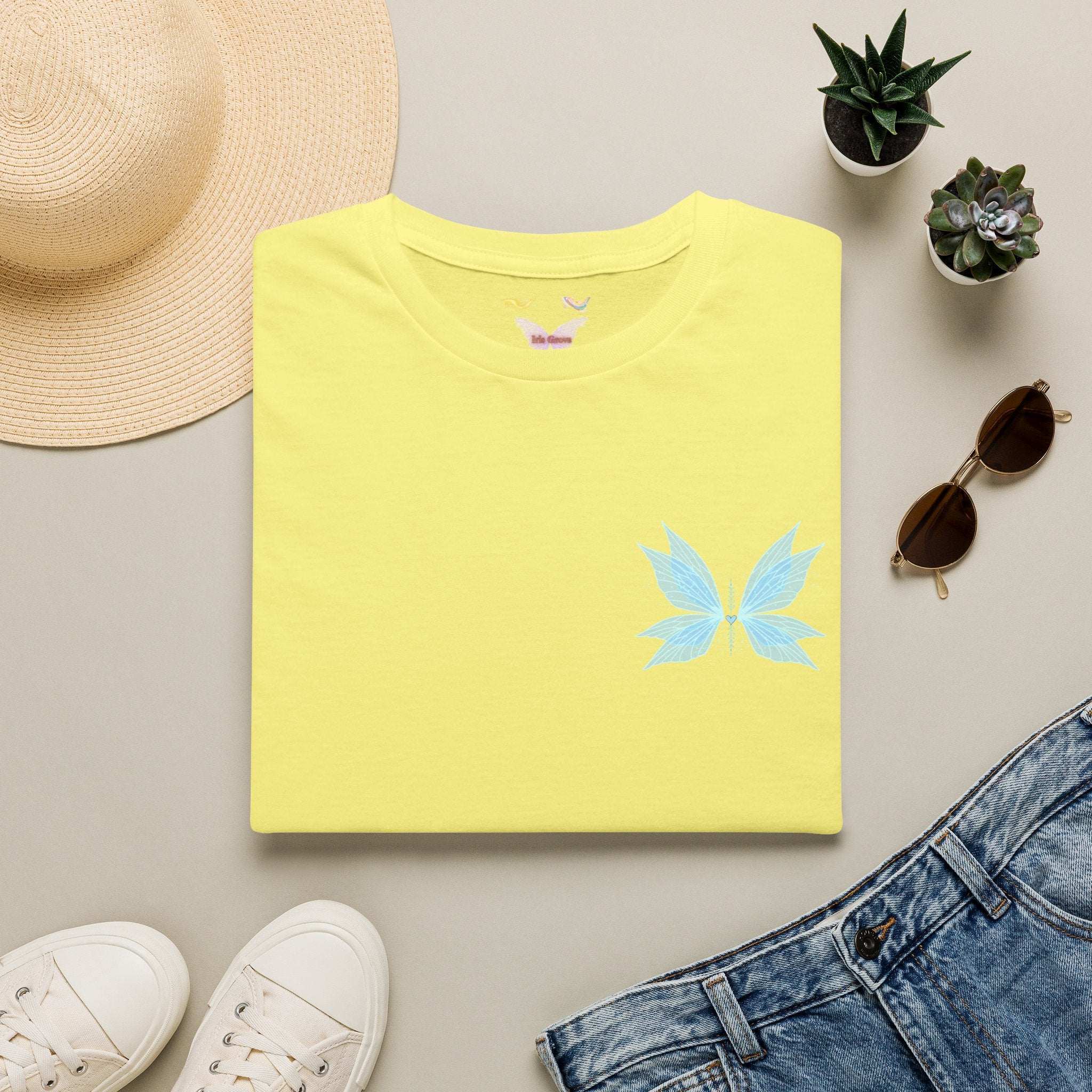 Blue Watercolor Butterfly Tee — Minimal Chest Graphic T-Shirt