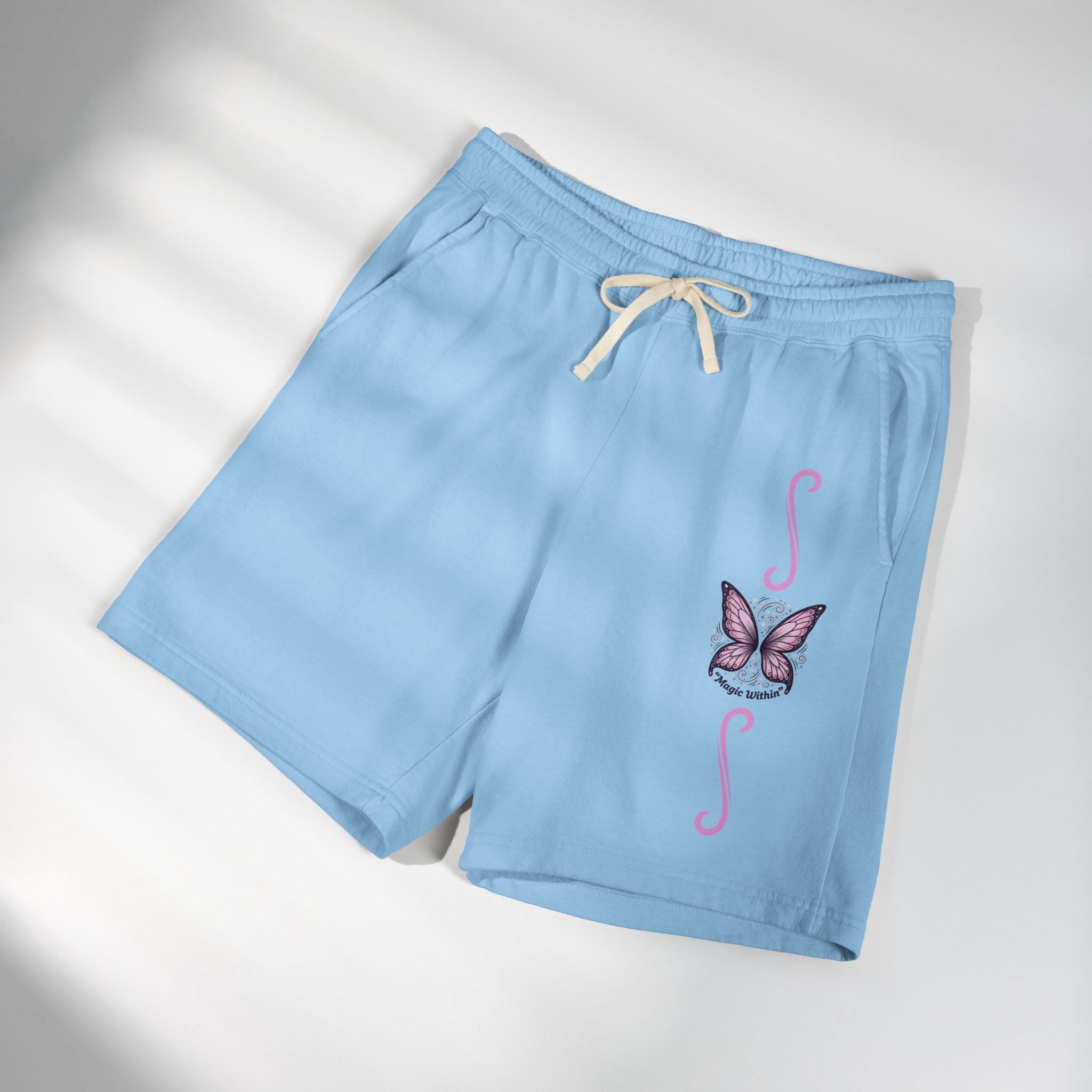 Butterfly Accent Sweat Shorts — Lightweight Garment-Dyed Fleece