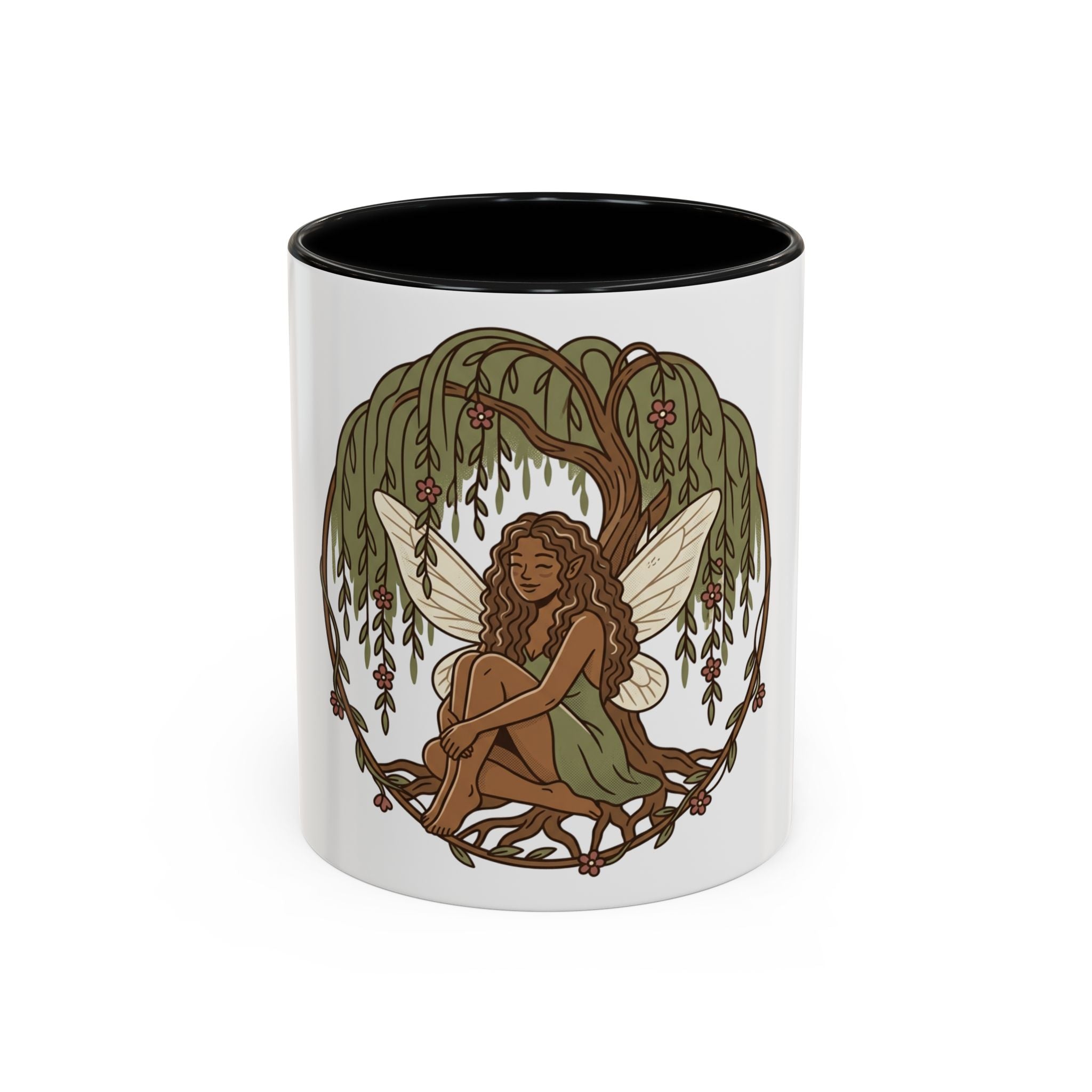 Fairy Willow Coffee Mug — Rustic Brown-Skinned Fairy Illustration (11/15oz)