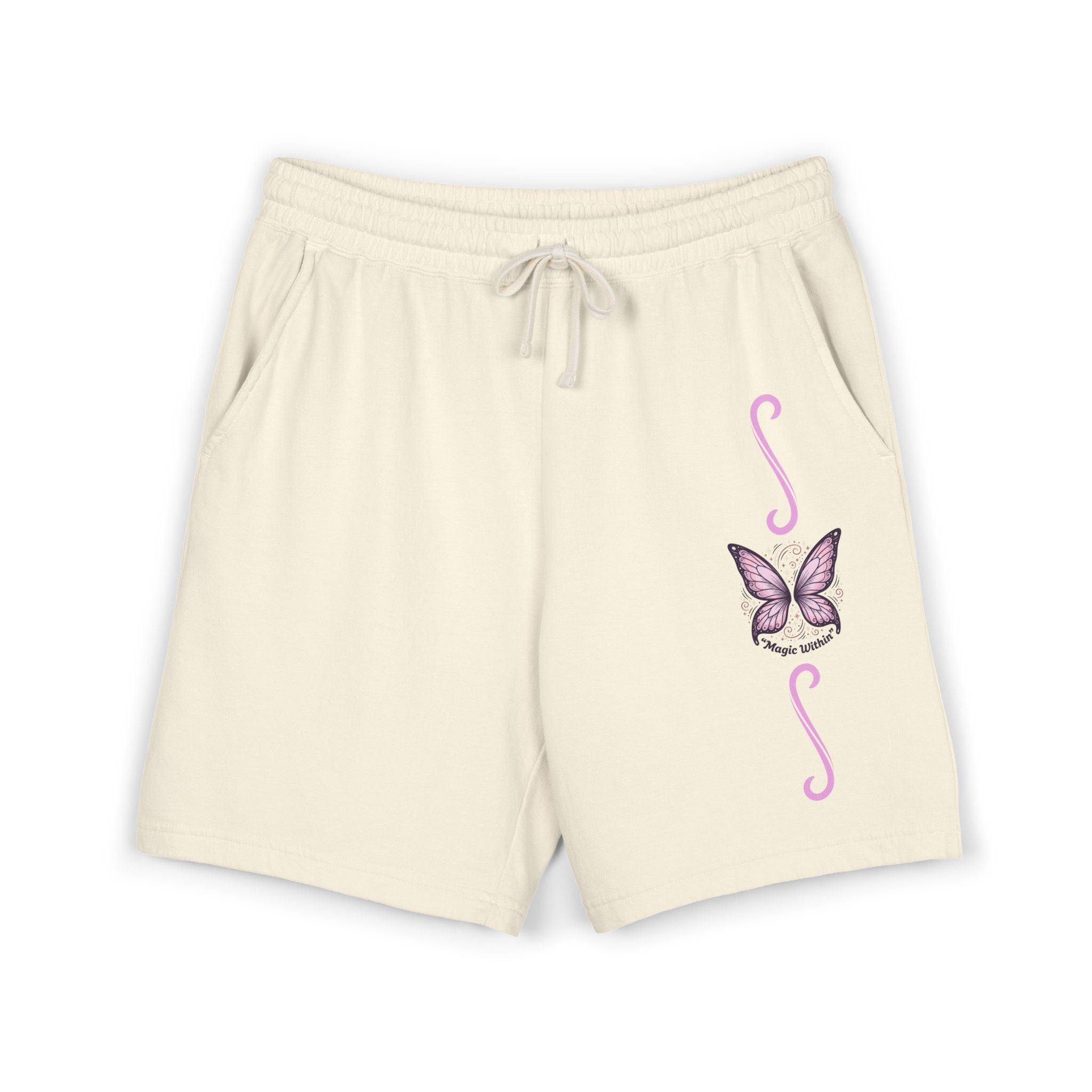 Butterfly Accent Sweat Shorts — Lightweight Garment-Dyed Fleece