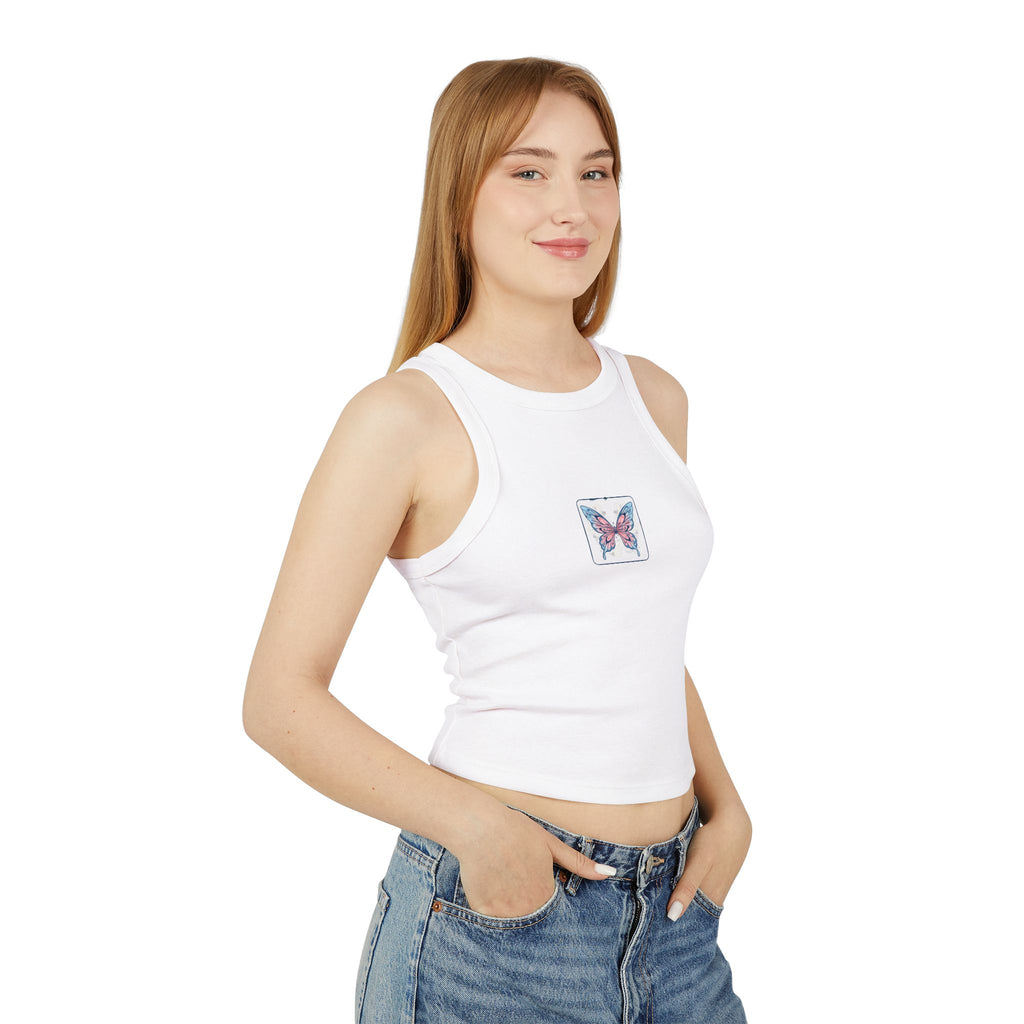 Butterfly Mini Patch Racer Tank — Women's Micro Rib Crop Top