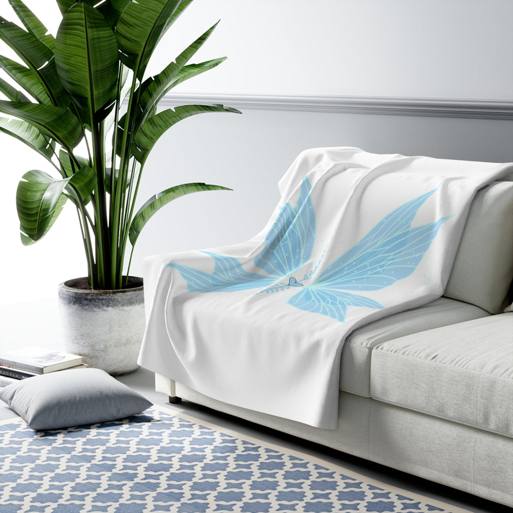Blue Fairy Wings Sherpa Blanket — Cozy Fleece Throw with Heart Accent
