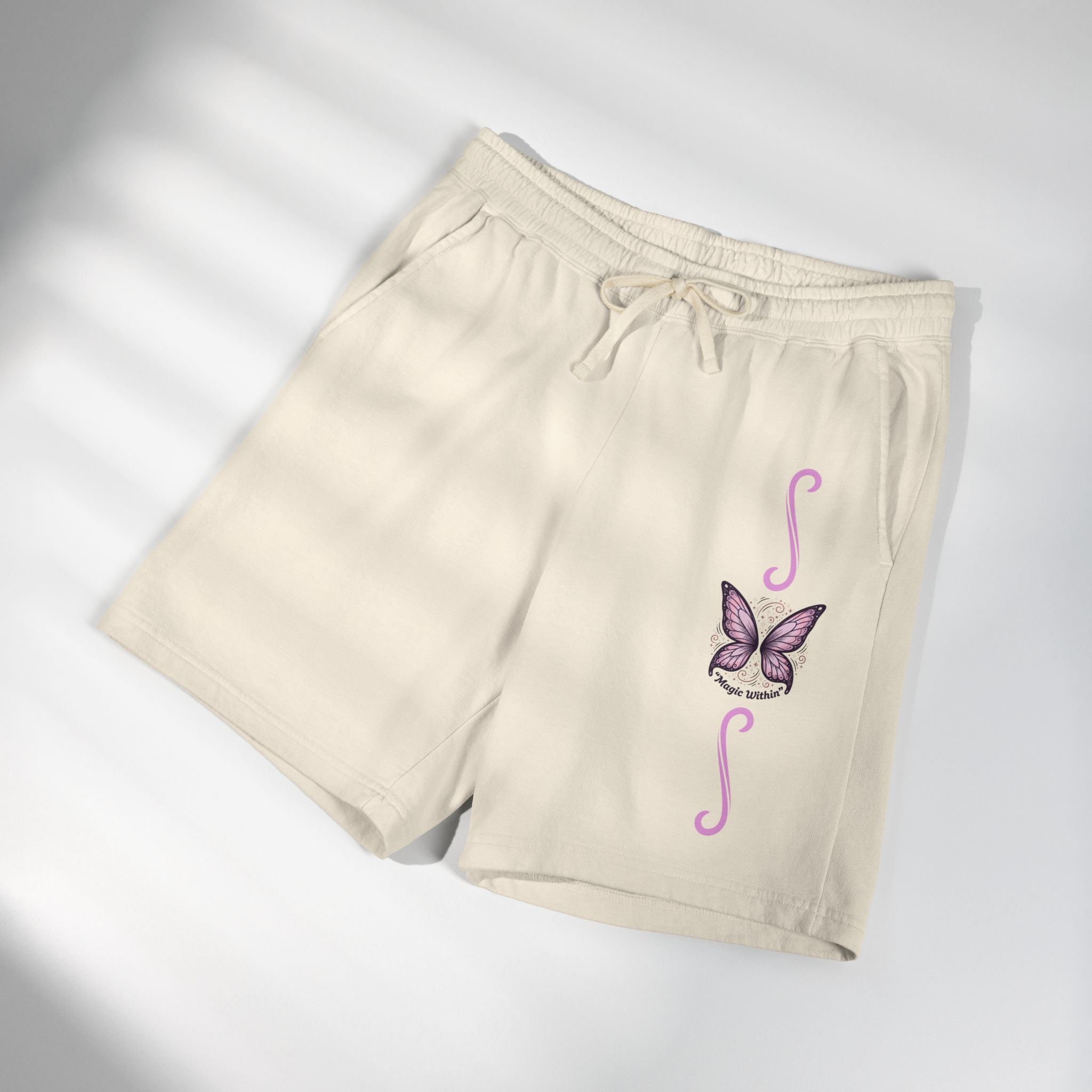 Butterfly Accent Sweat Shorts — Lightweight Garment-Dyed Fleece