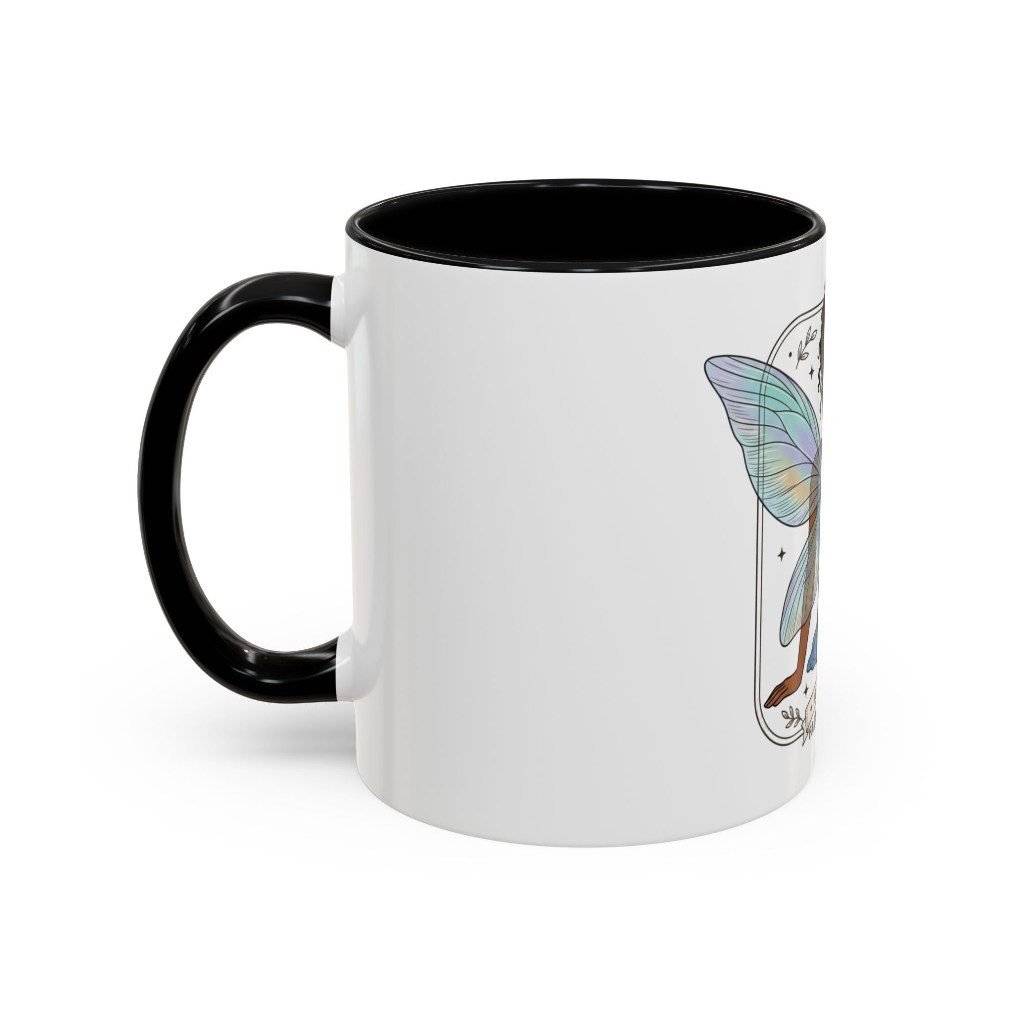 Fairy Embrace Accent Coffee Mug — Aurora Flora Black-Handled 11/15oz