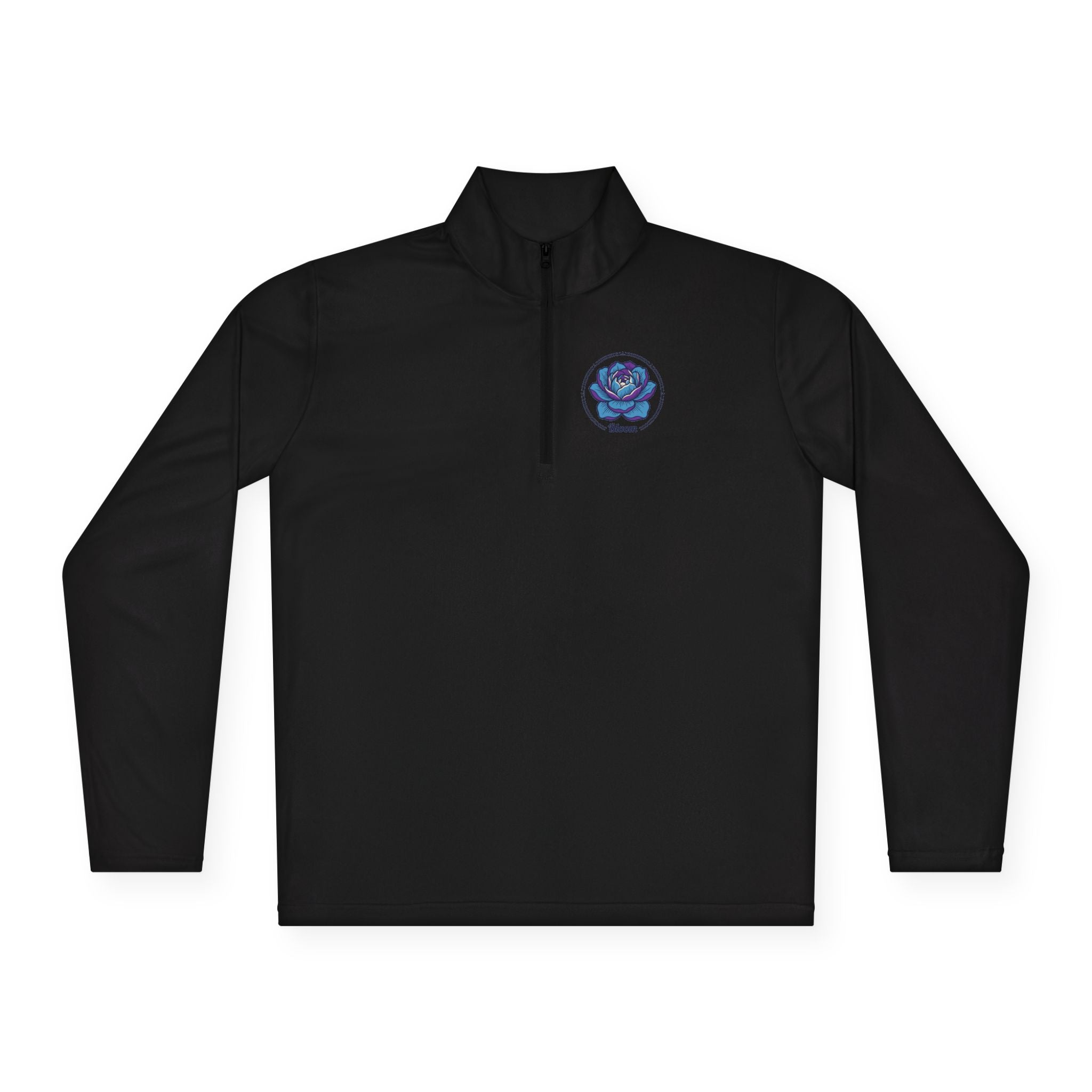 Embroidered Blue Rose Quarter-Zip Pullover