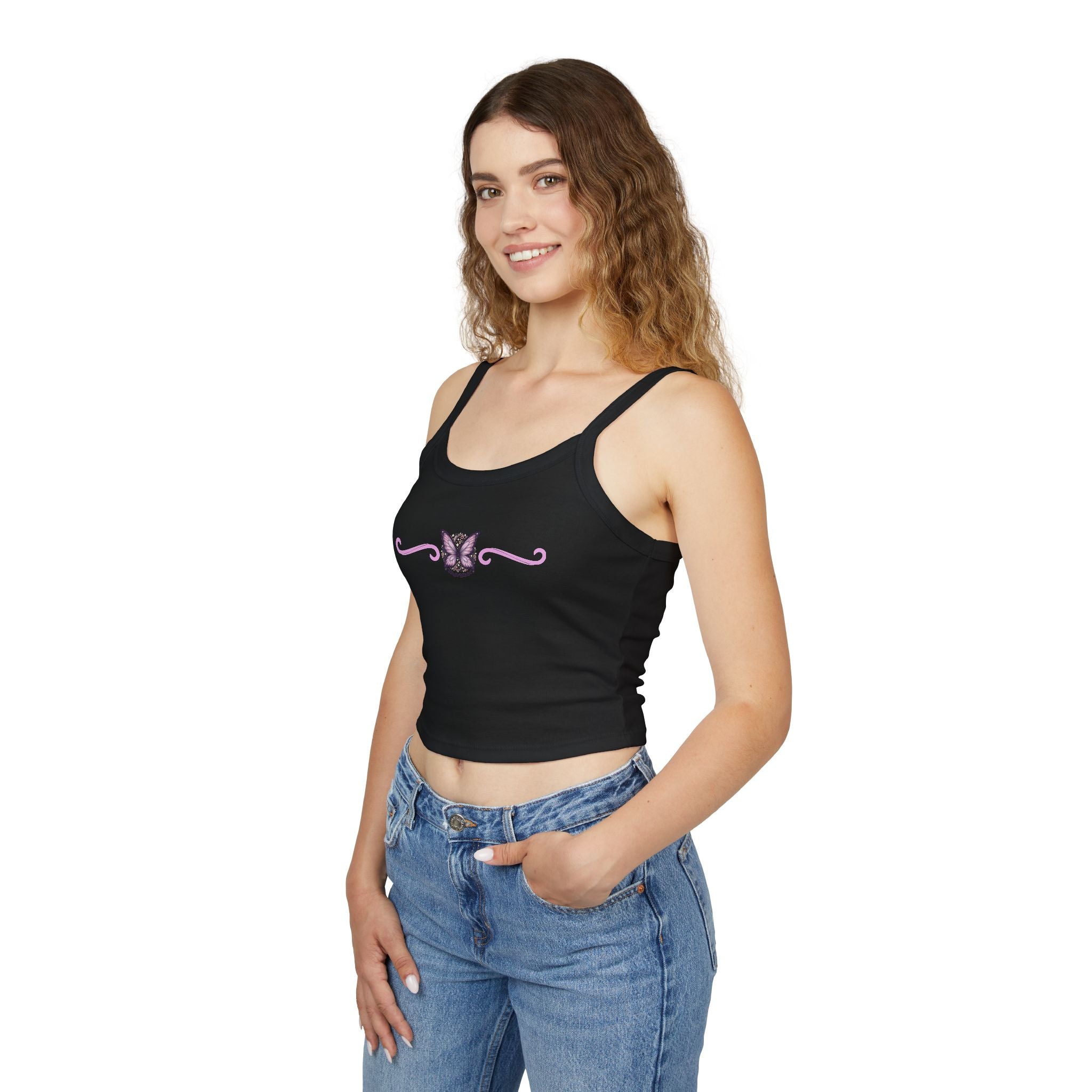 Butterfly Trim Tank Top - Cute Pink Floral Center Graphic