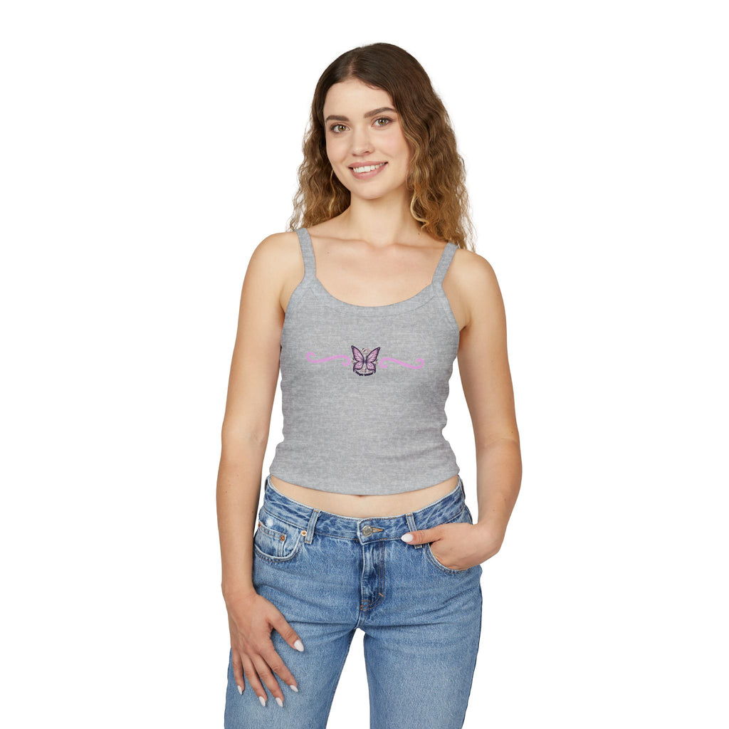 Butterfly Trim Tank Top - Cute Pink Floral Center Graphic