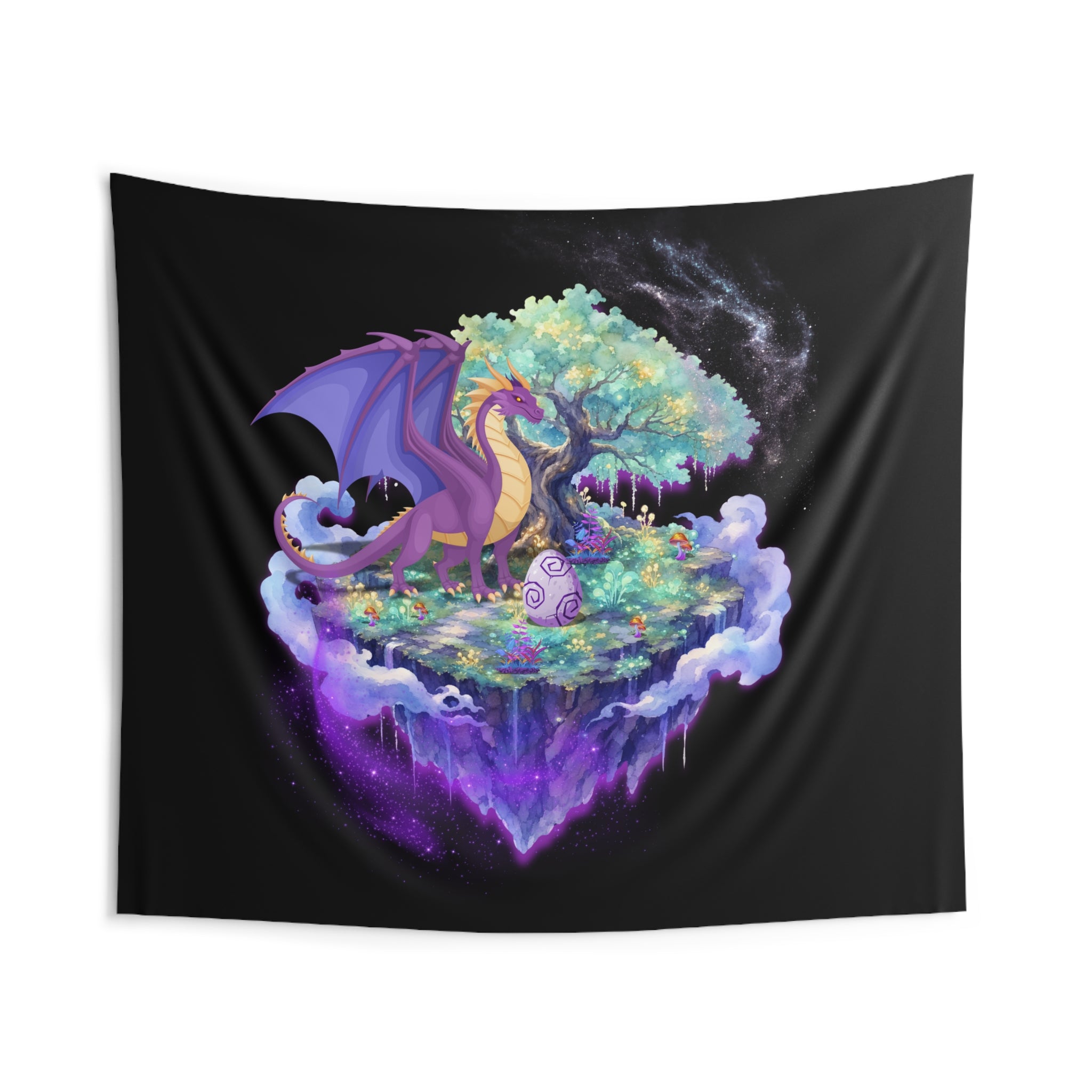 Dragon Floating Island Tapestry — Fantasy Wall Art with Tree & Hatchling