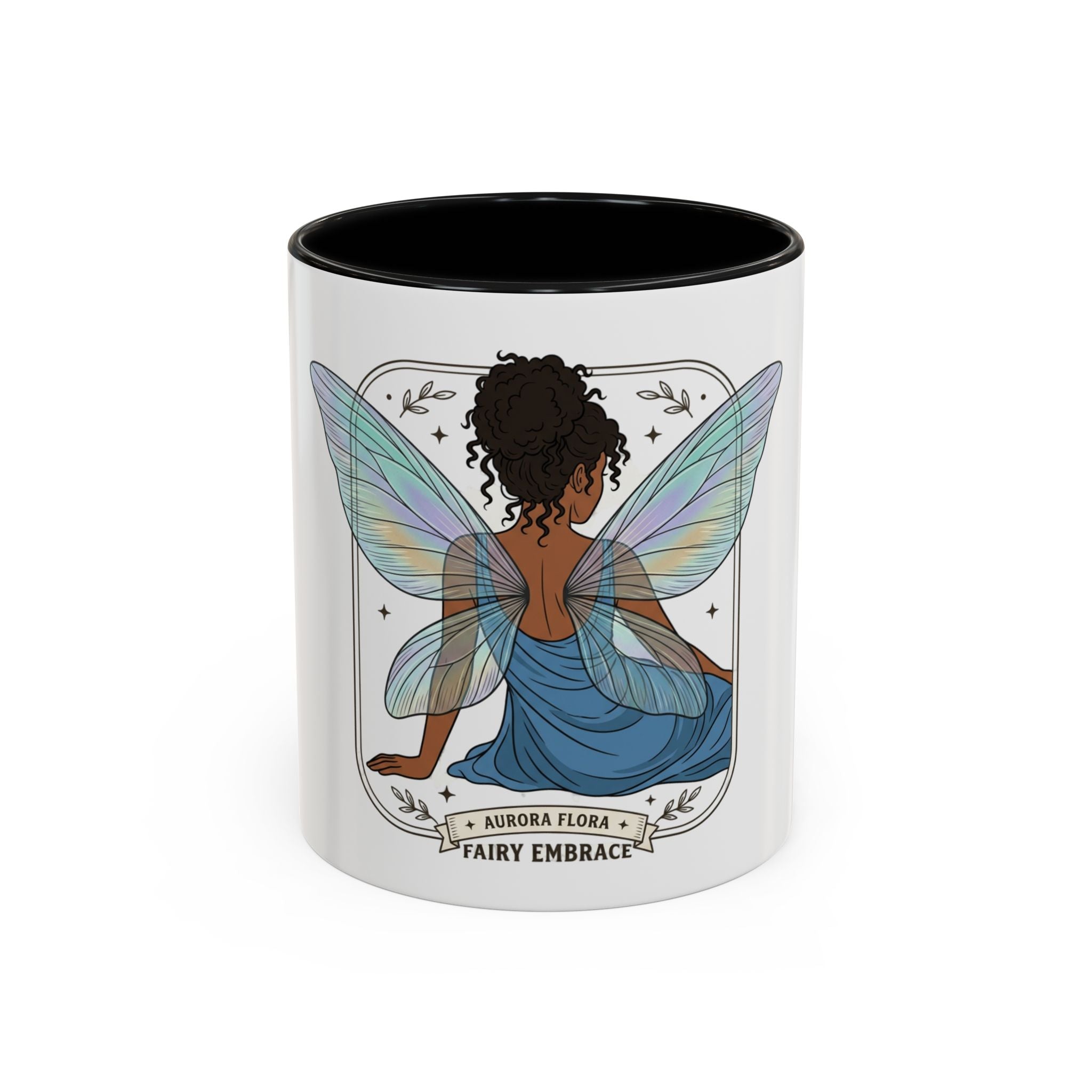 Fairy Embrace Accent Coffee Mug — Aurora Flora Black-Handled 11/15oz