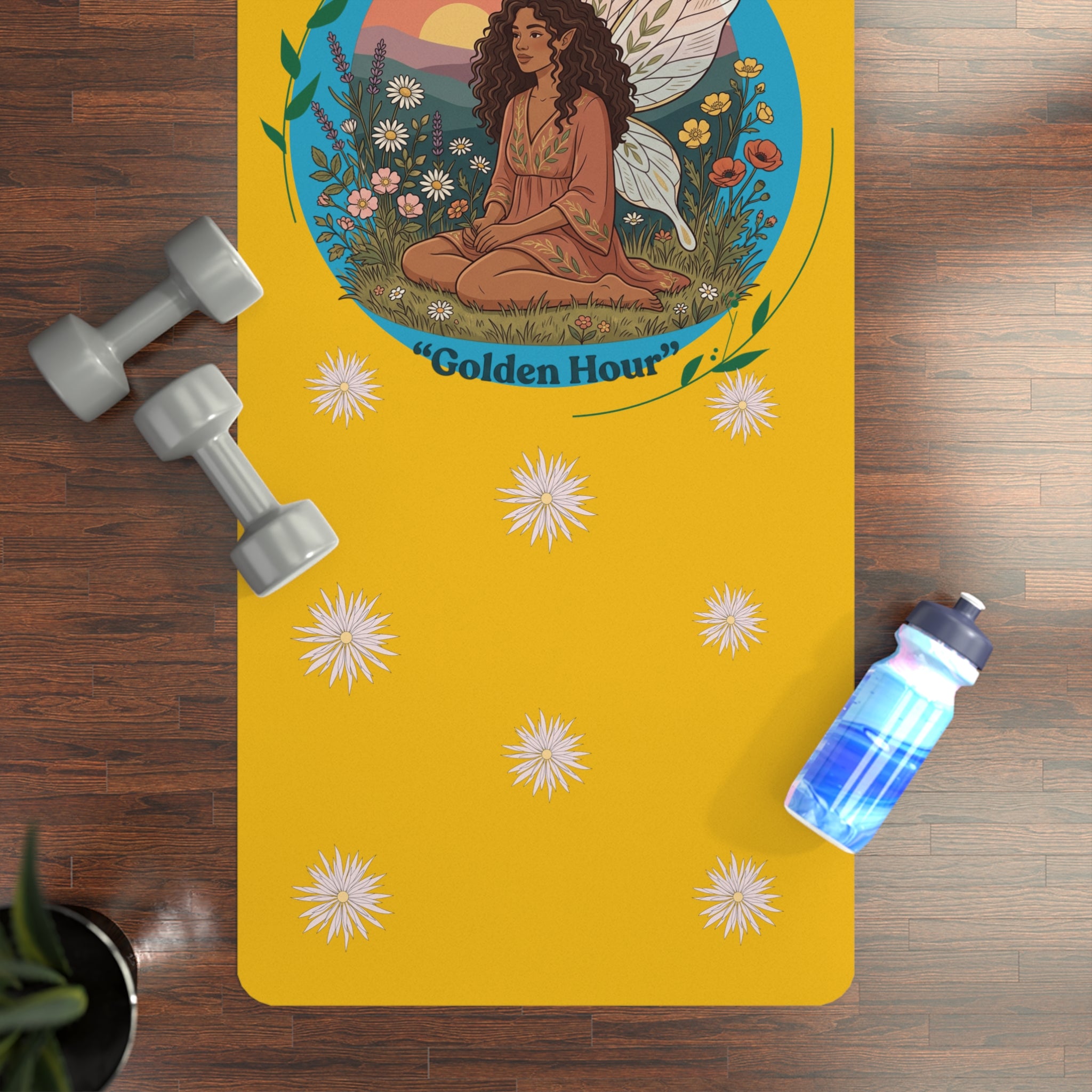 Golden Hour Fairy Rubber Yoga Mat — Non-Slip Floral Meditation Mat