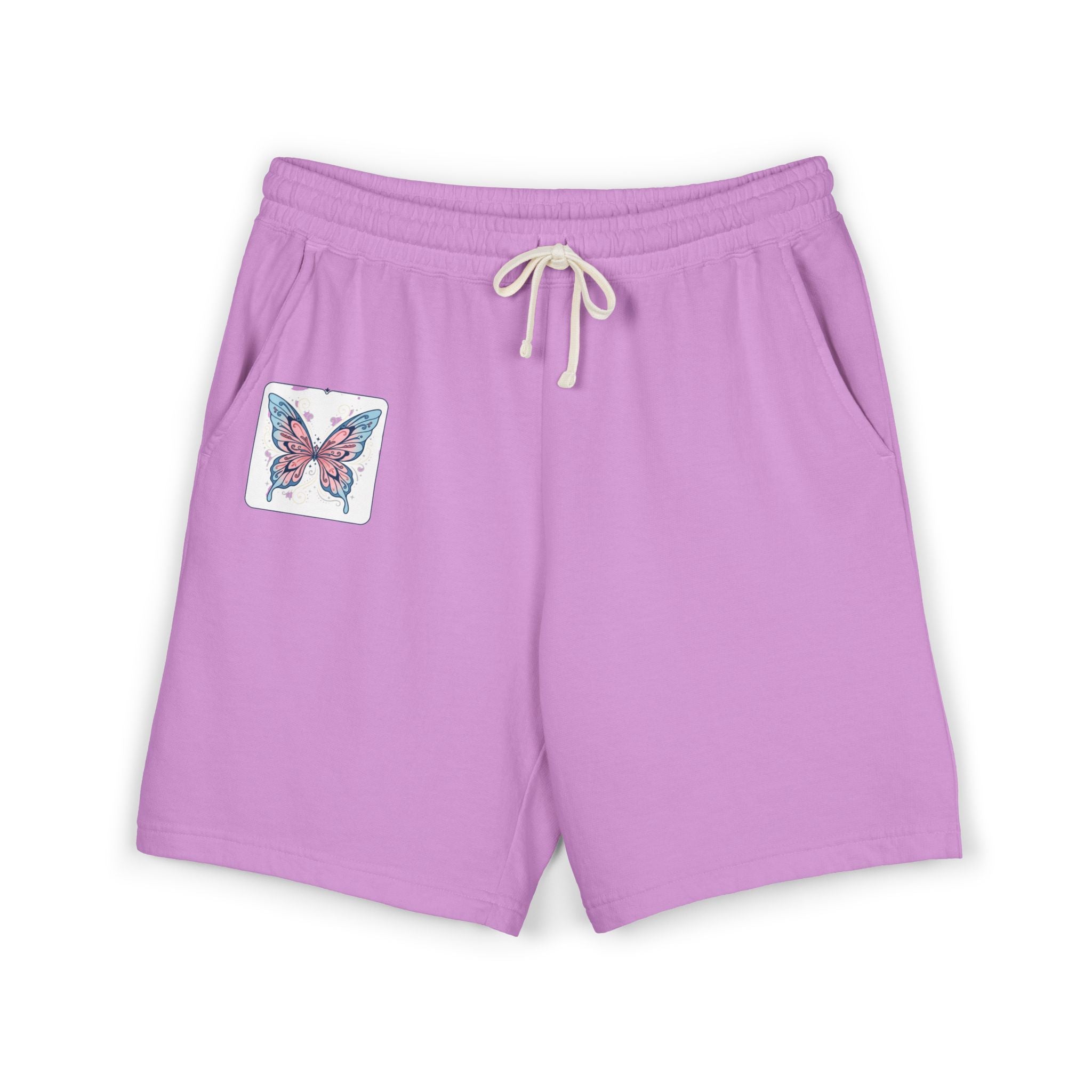 Butterfly Patch Fleece Sweat Shorts – Lightweight Garment-Dyed Lounge Shorts