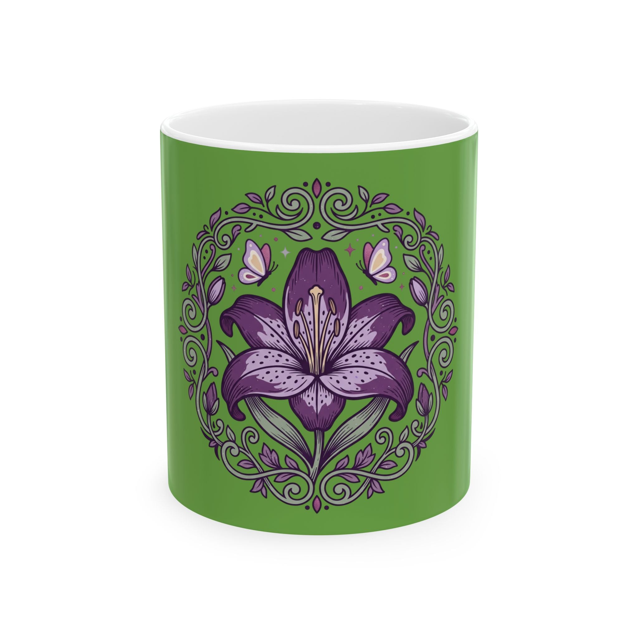 Purple Lily Floral Ceramic Mug (11oz/15oz) — Green Botanical Coffee Cup
