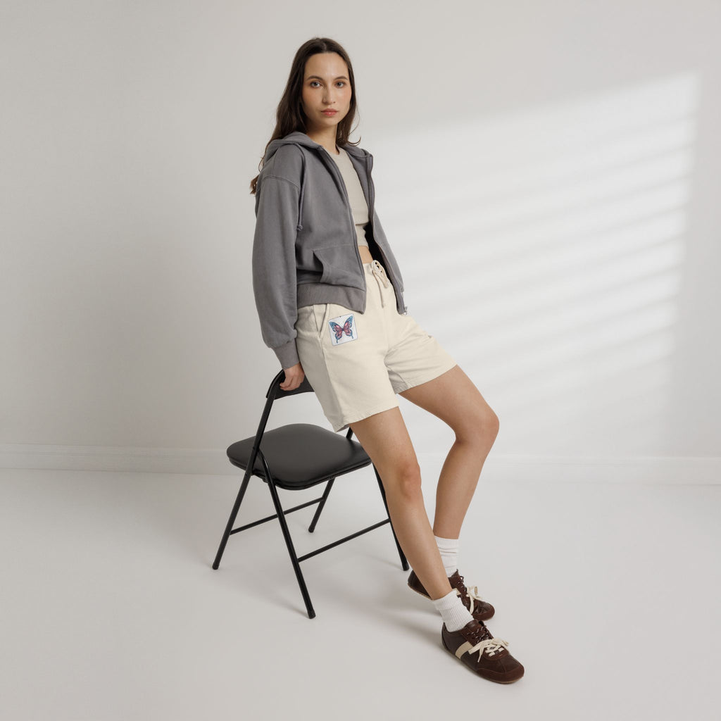 Butterfly Patch Fleece Sweat Shorts – Lightweight Garment-Dyed Lounge Shorts