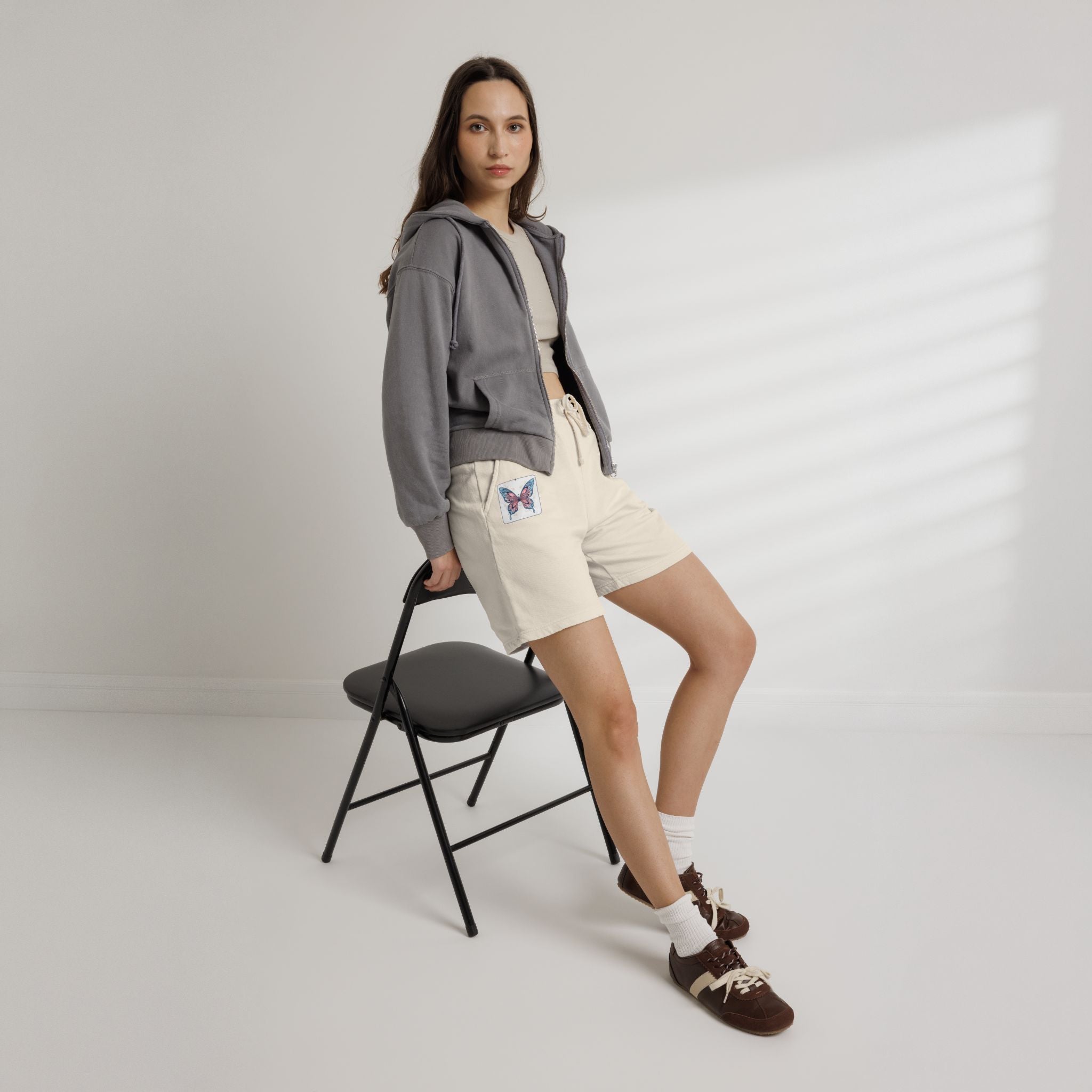 Butterfly Patch Fleece Sweat Shorts – Lightweight Garment-Dyed Lounge Shorts