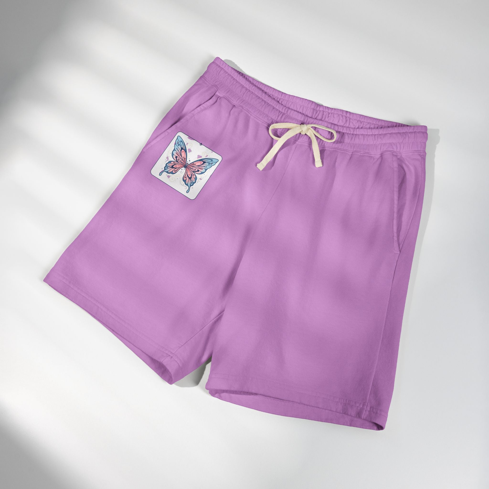 Butterfly Patch Fleece Sweat Shorts – Lightweight Garment-Dyed Lounge Shorts