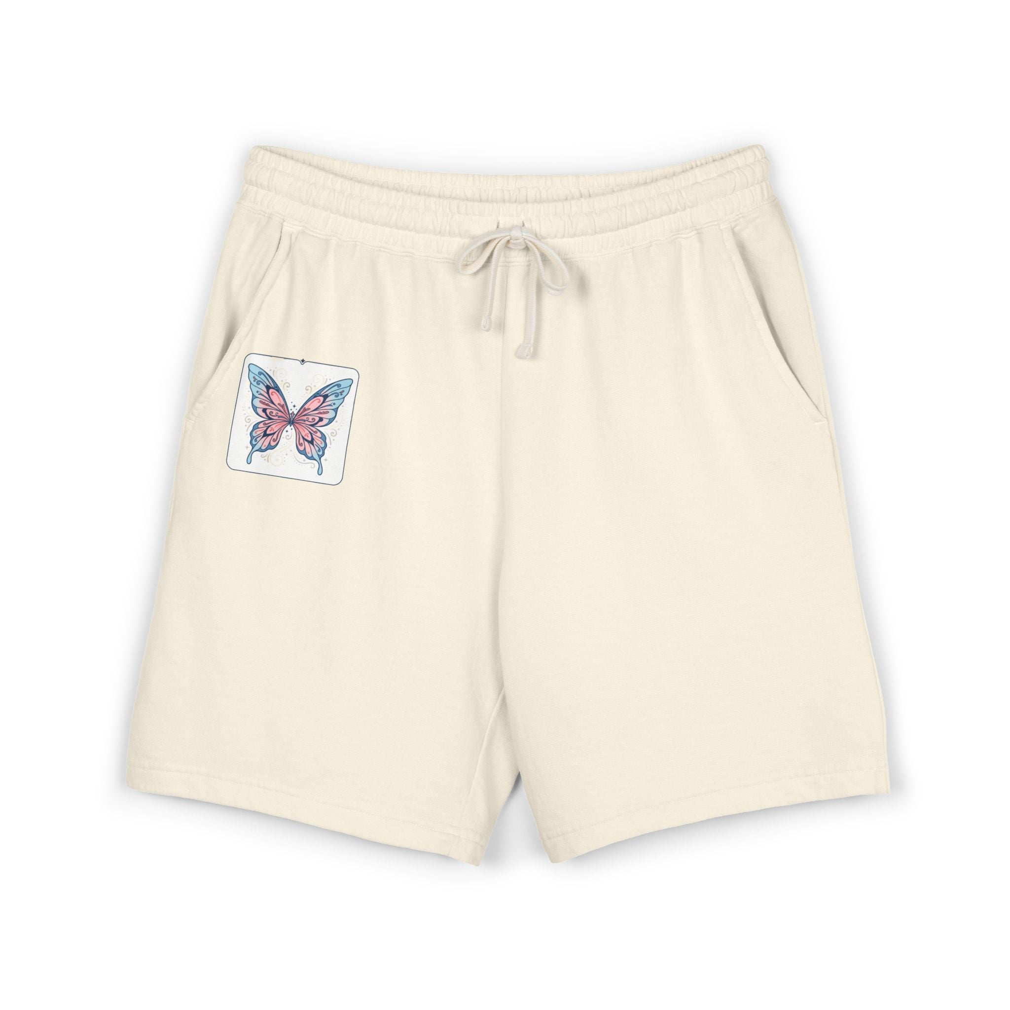Butterfly Patch Fleece Sweat Shorts – Lightweight Garment-Dyed Lounge Shorts