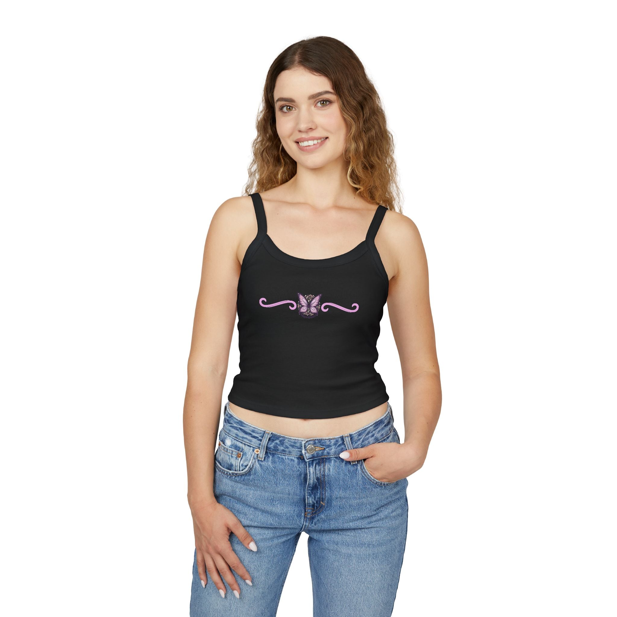 Butterfly Trim Tank Top - Cute Pink Floral Center Graphic