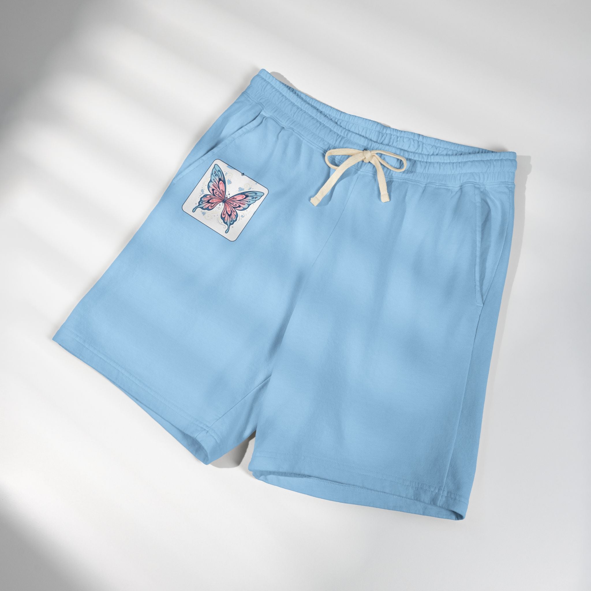 Butterfly Patch Fleece Sweat Shorts – Lightweight Garment-Dyed Lounge Shorts