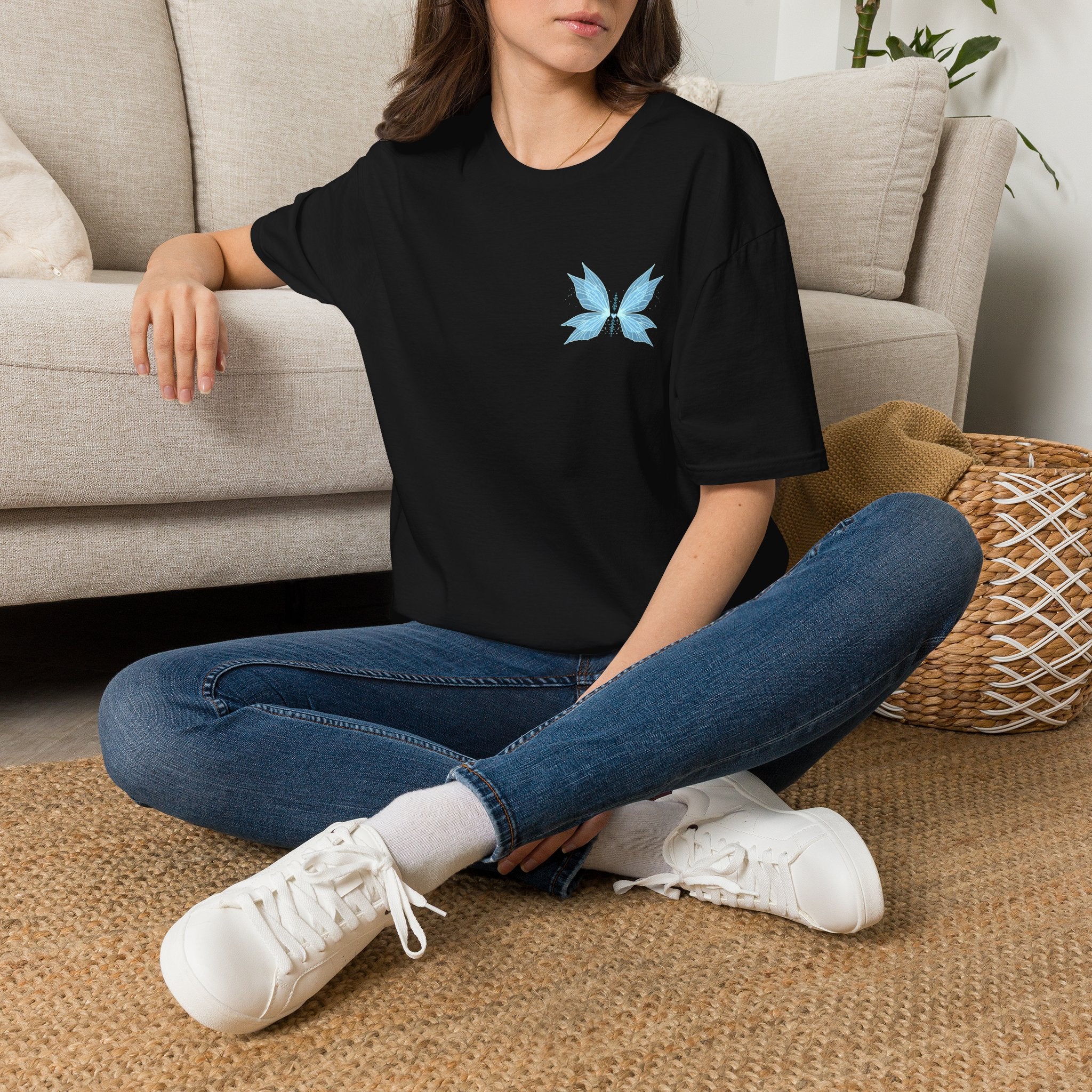 Blue Watercolor Butterfly Tee — Minimal Chest Graphic T-Shirt