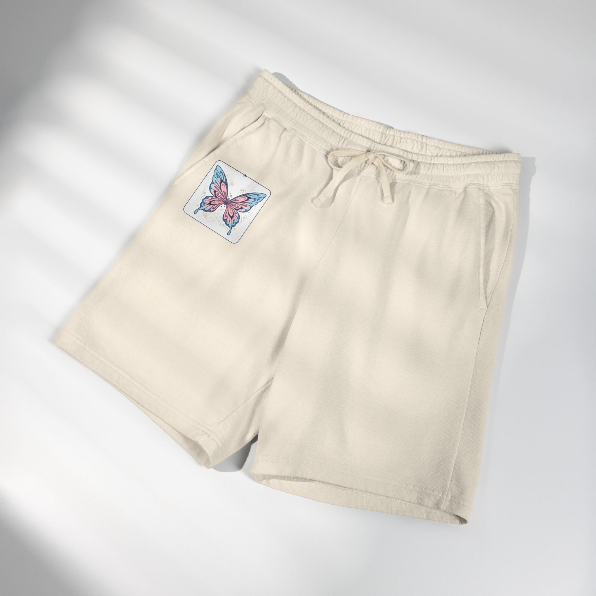 Butterfly Patch Fleece Sweat Shorts – Lightweight Garment-Dyed Lounge Shorts